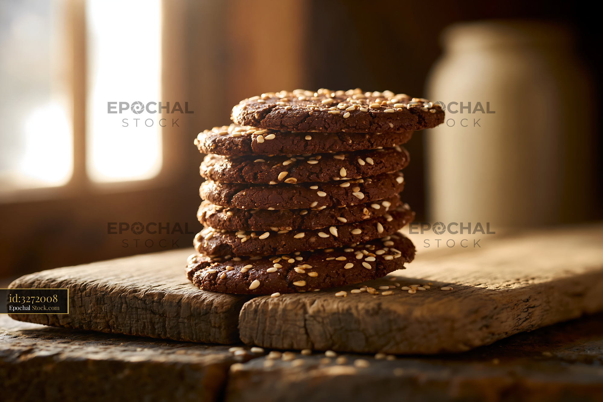 Stack of dibs el kharroub biscuits on rustic wood in warm sunlight - stock photo