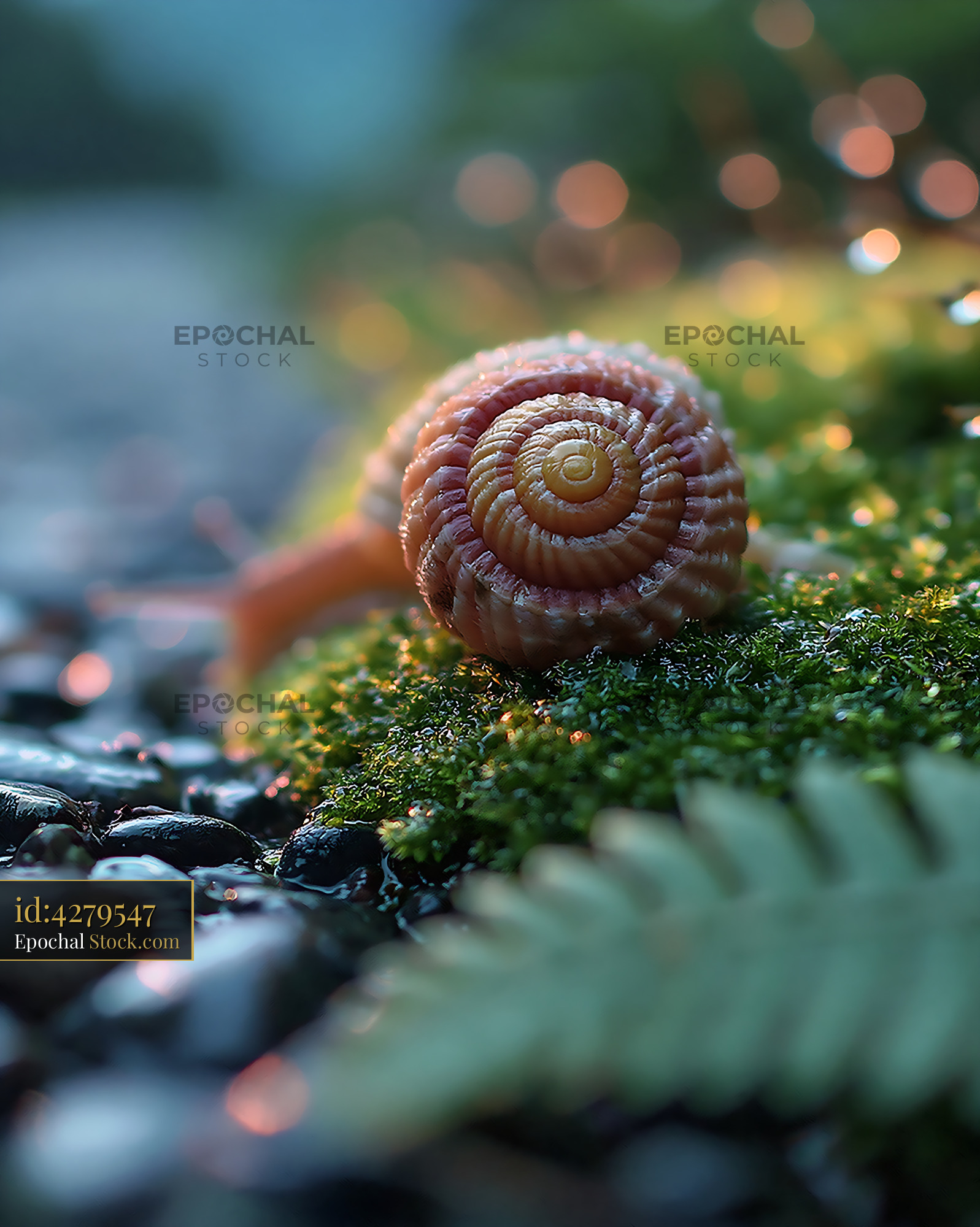 Close up of a snail shell on vibrant wet moss in soft morning light - stock photo