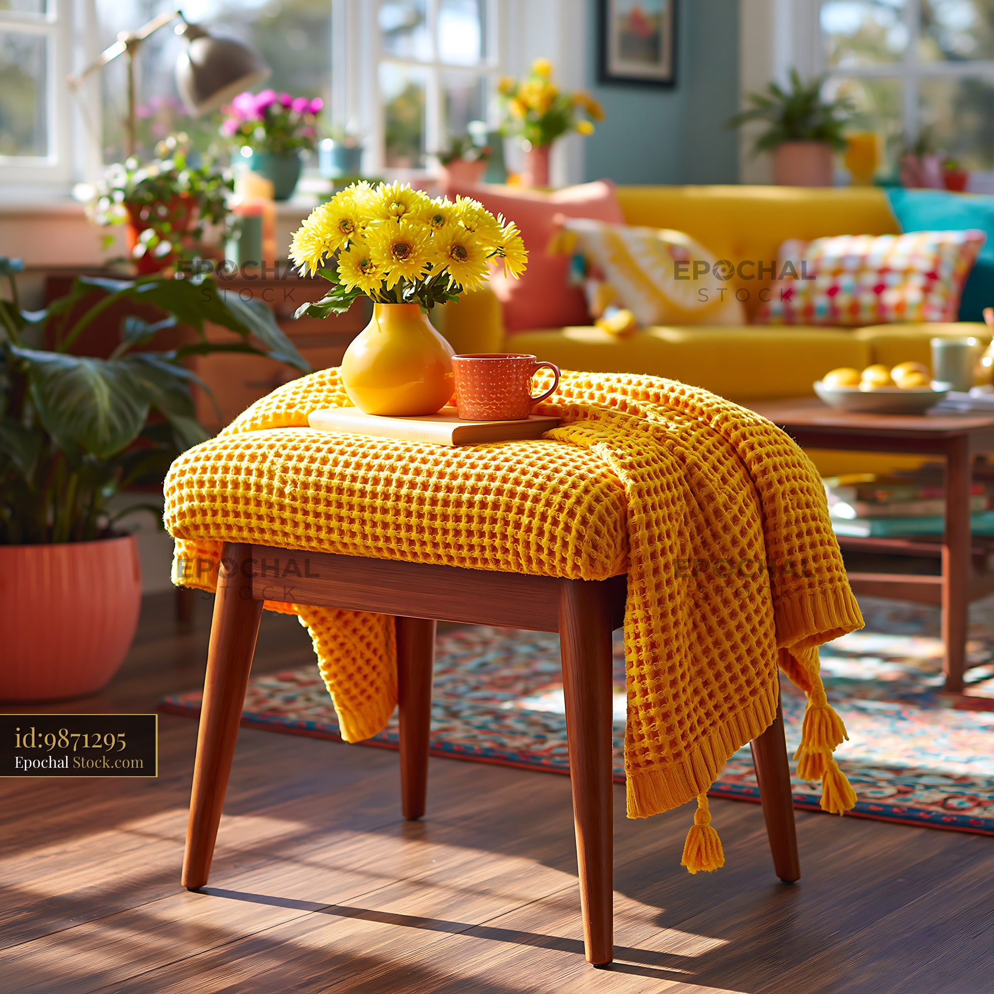 Wooden seat with throw and yellow flowers in a sunny living room - stock photo