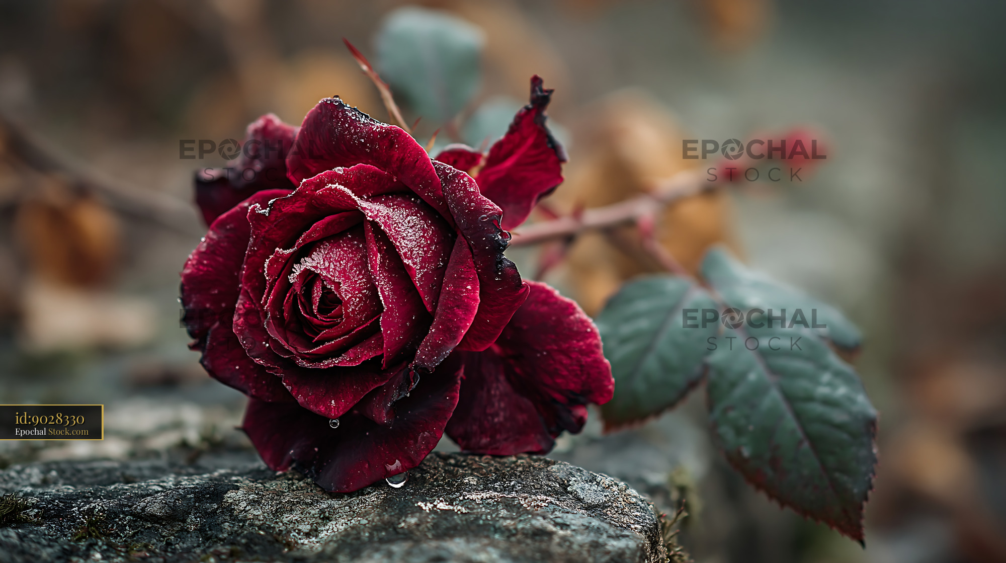 Deep red rose covered in morning frost on a stone surface - stock photo