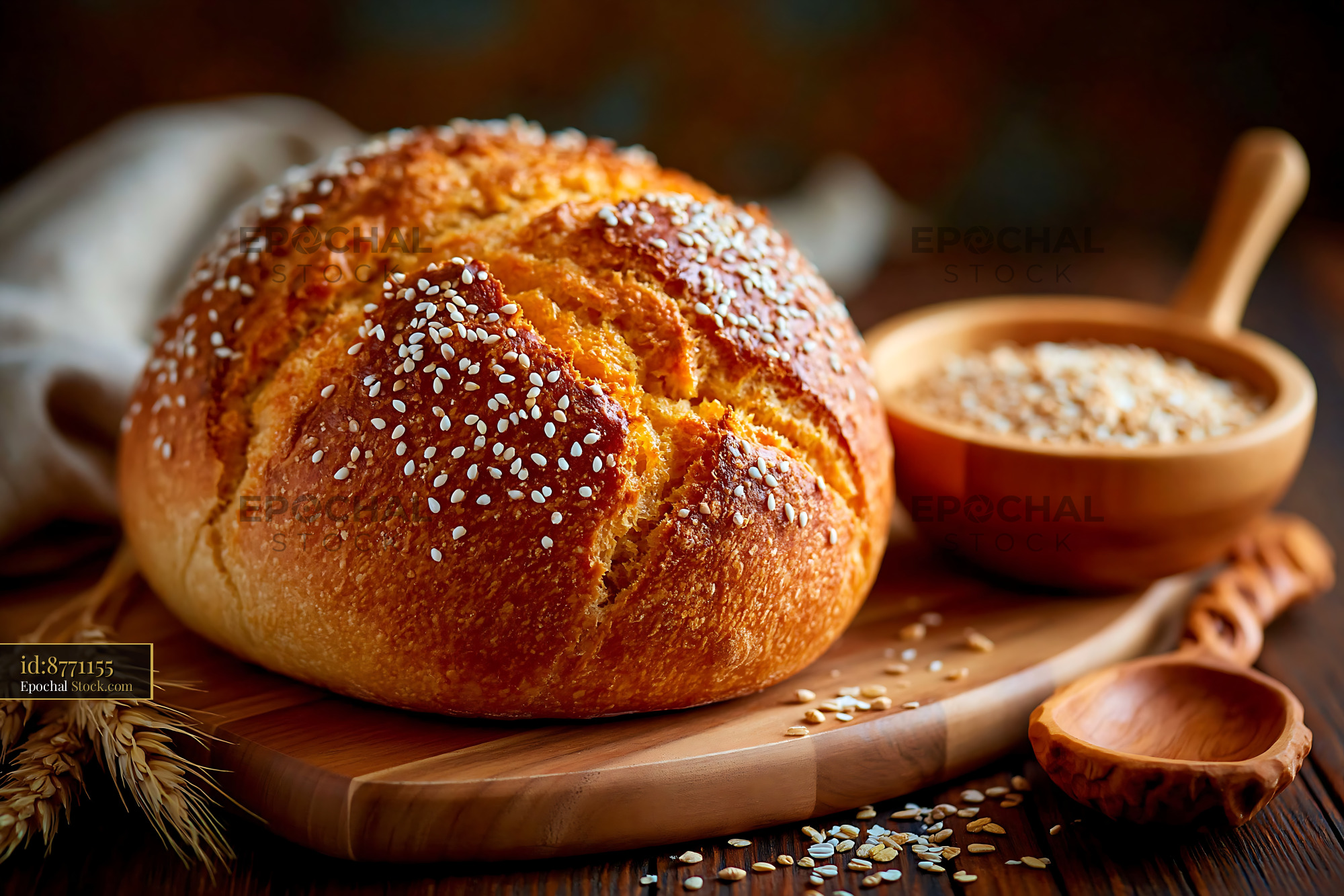 Freshly baked dutch crunch german bread with sesame seeds on wood - stock photo