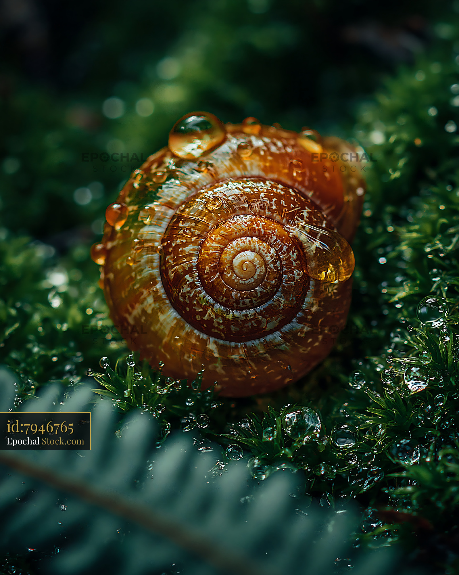 Macro shot of a spiral snail shell covered in dew on wet moss - stock photo