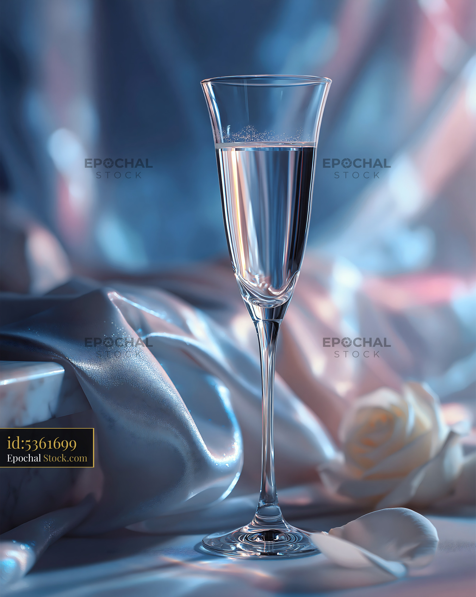 Elegant champagne glass on blue silk with a white rose at midnight - stock photo