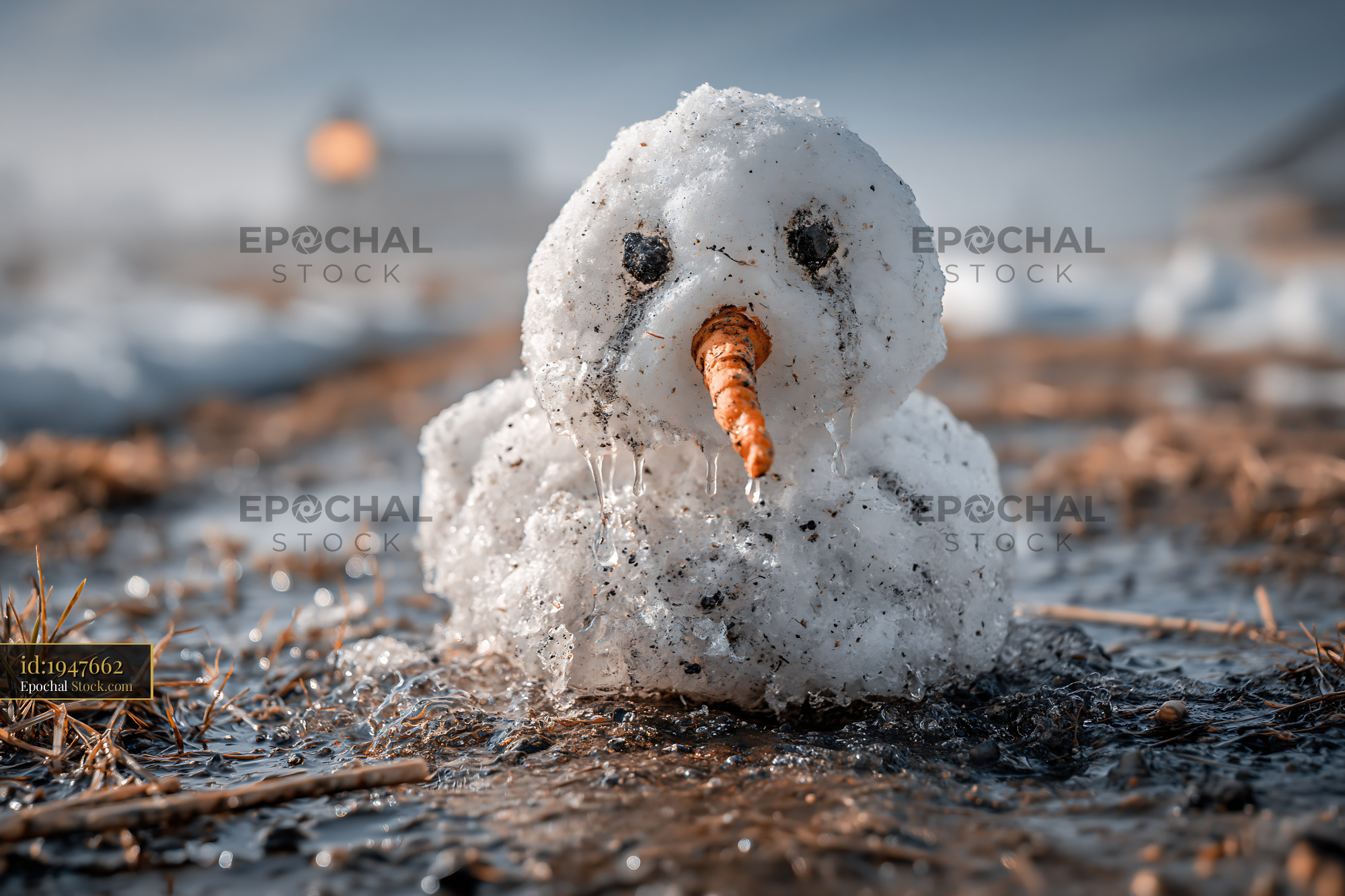 Melting snowman with a carrot nose in a muddy spring field - stock photo