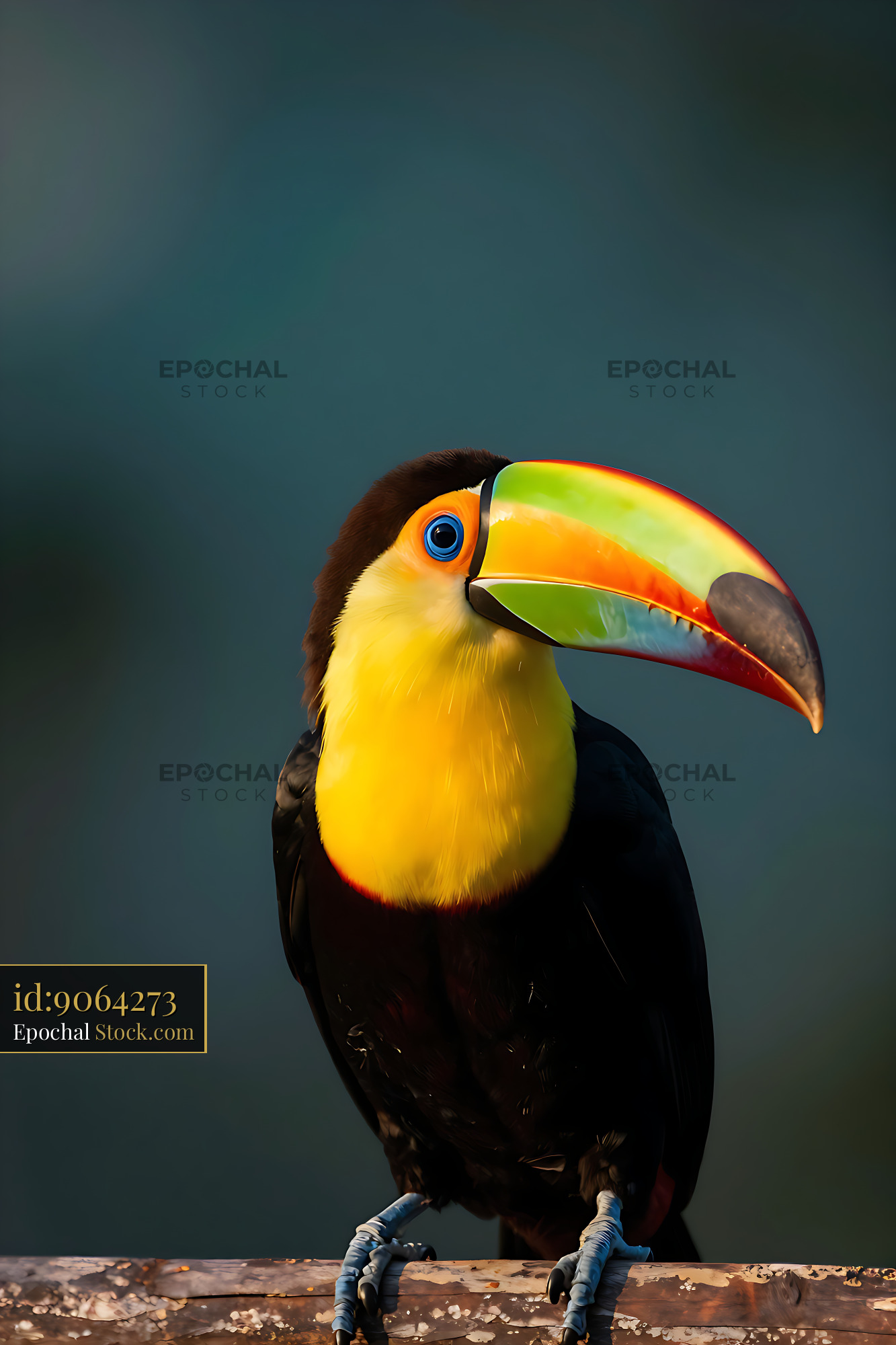 Keel-billed toucan with vibrant beak perched on a wooden branch - stock photo