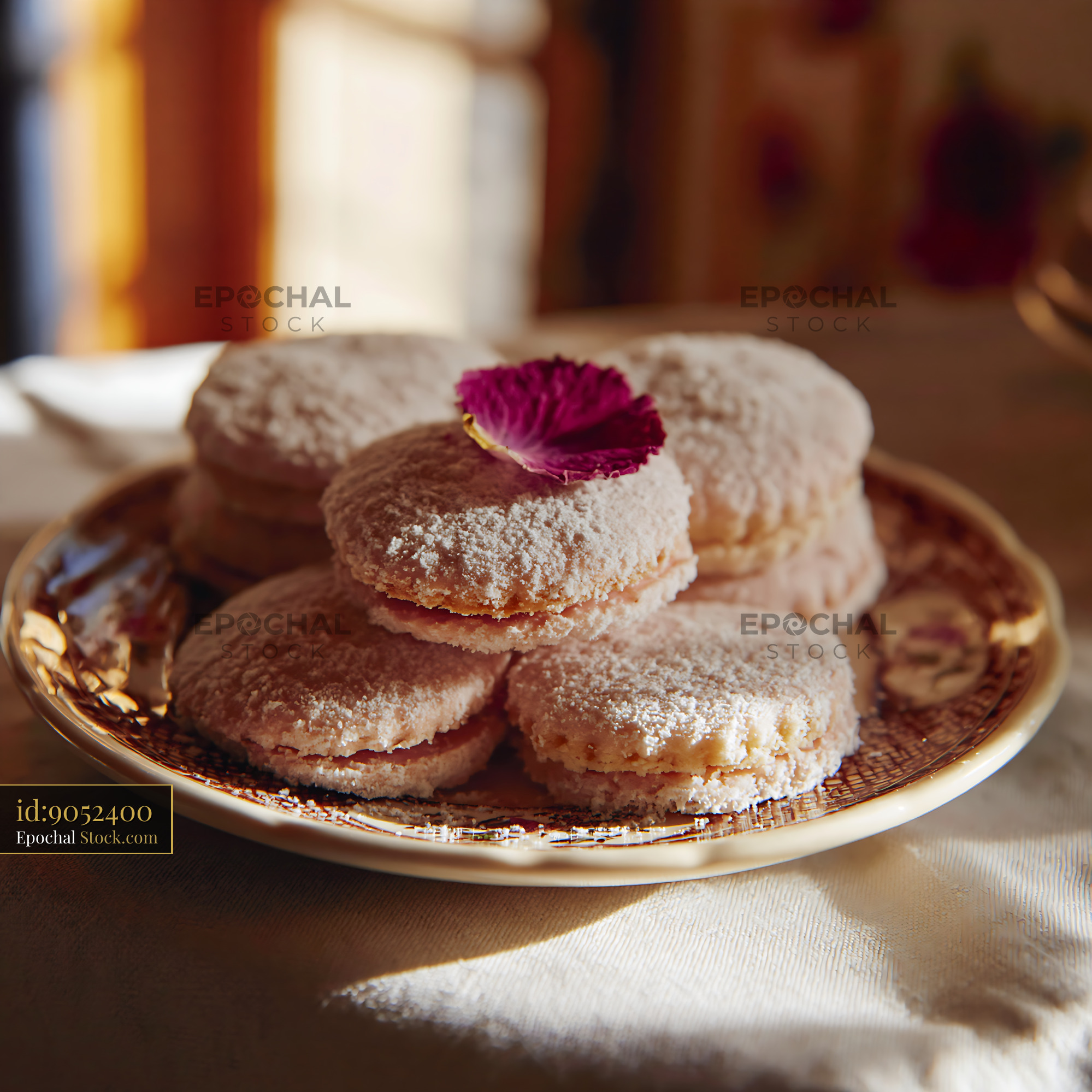 Rose water biscuits with powdered sugar on vintage ceramic plate - stock photo