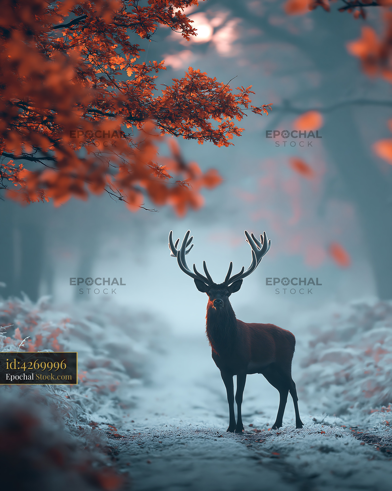 Red deer stag in foggy woods with vibrant orange autumn foliage - stock photo