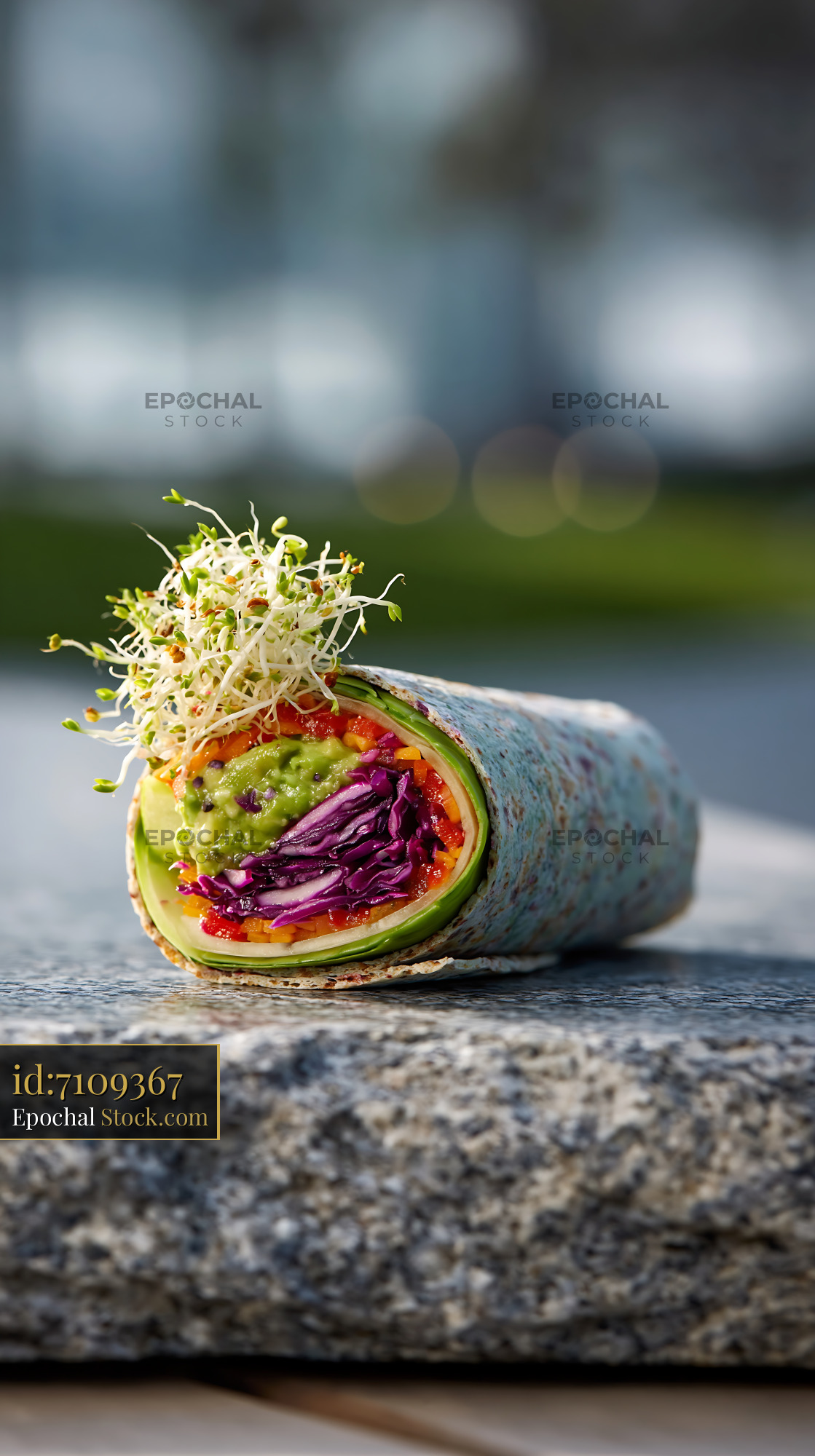 Healthy vegan vegetable wrap with sprouts on a stone park bench - stock photo