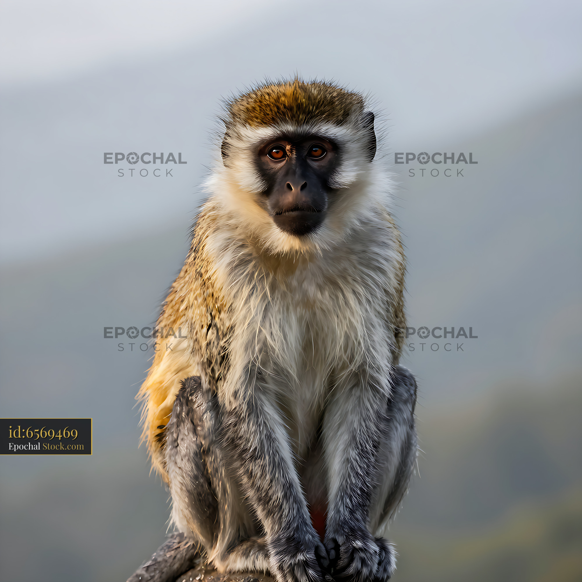 Vervet monkey sitting and looking at the camera in a natural setting - stock photo