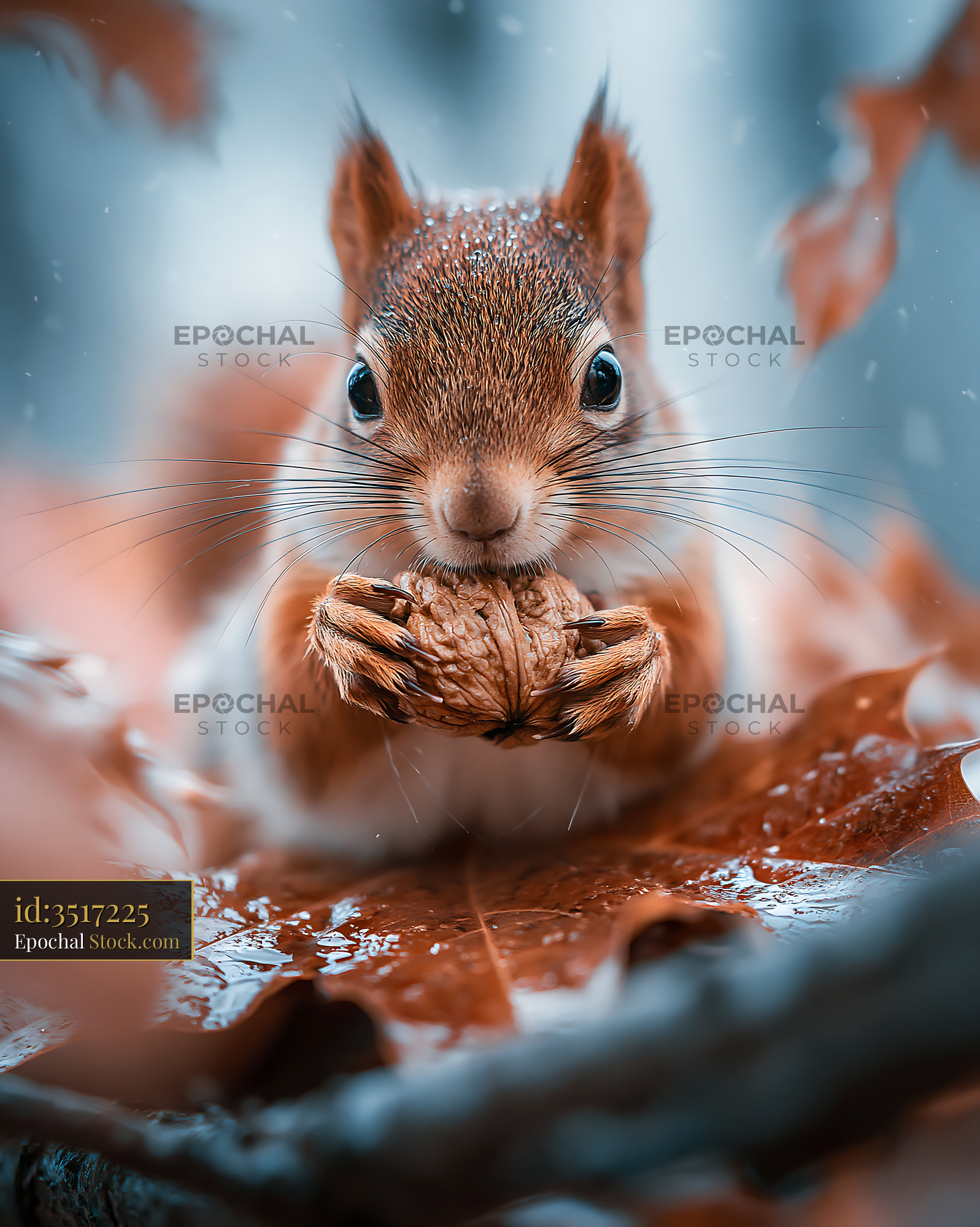 Red squirrel holding a walnut on wet autumn leaves in the rain - stock photo