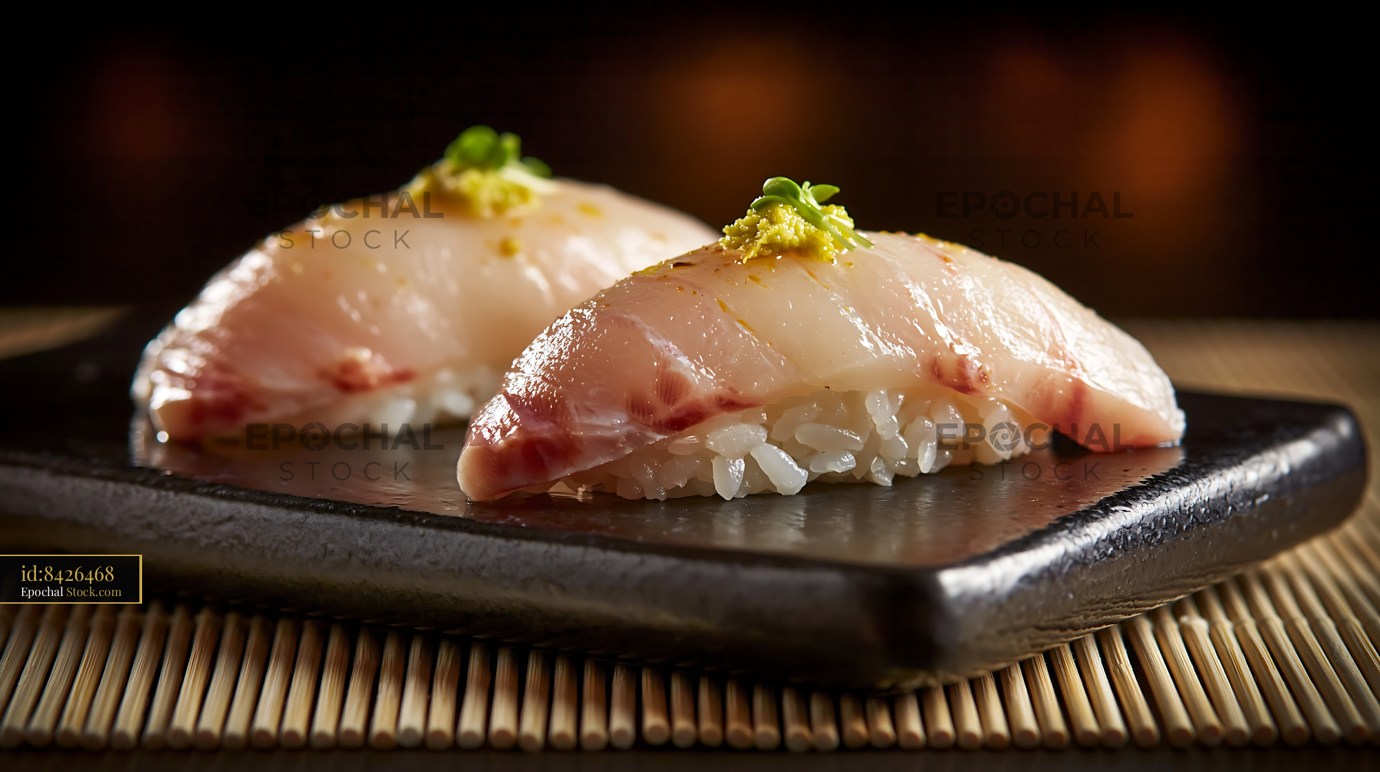 Two pieces of yellowtail nigiri sushi with yuzu kosho on a dark plate - stock photo