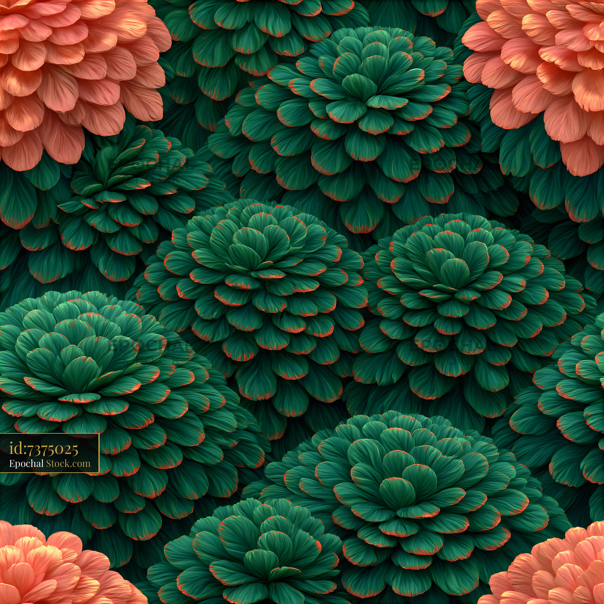 Lush Teal Botanical Clusters with Peach Tips - stock photo