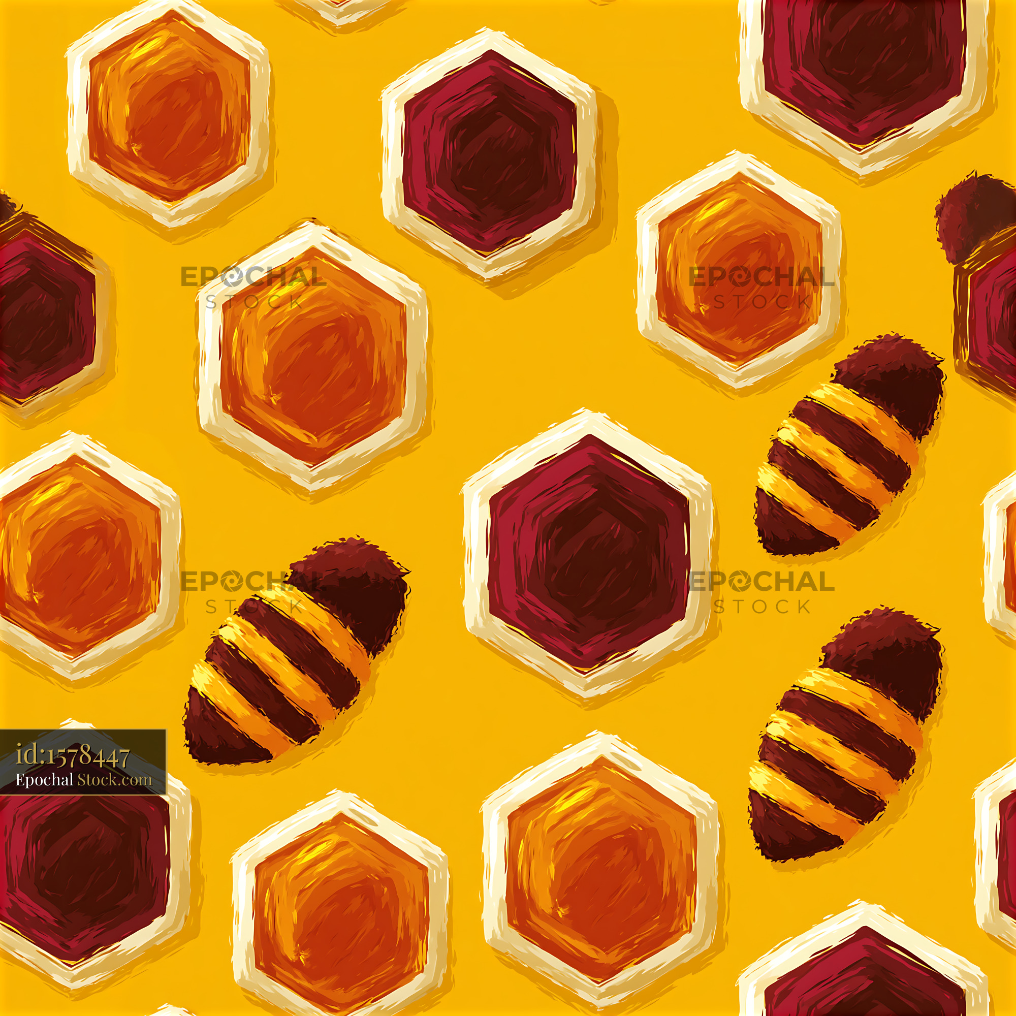 Golden Honey Bee Painterly Hexagon Print - stock photo