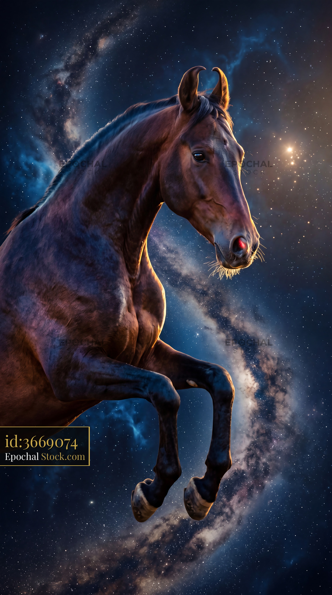 Majestic brown horse leaping through a starry galaxy in deep space - stock photo