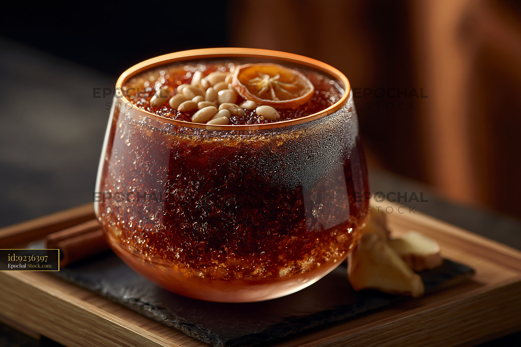 Chilled sujeonggwa smoothie garnished with pine nuts and dried persimm - stock photo