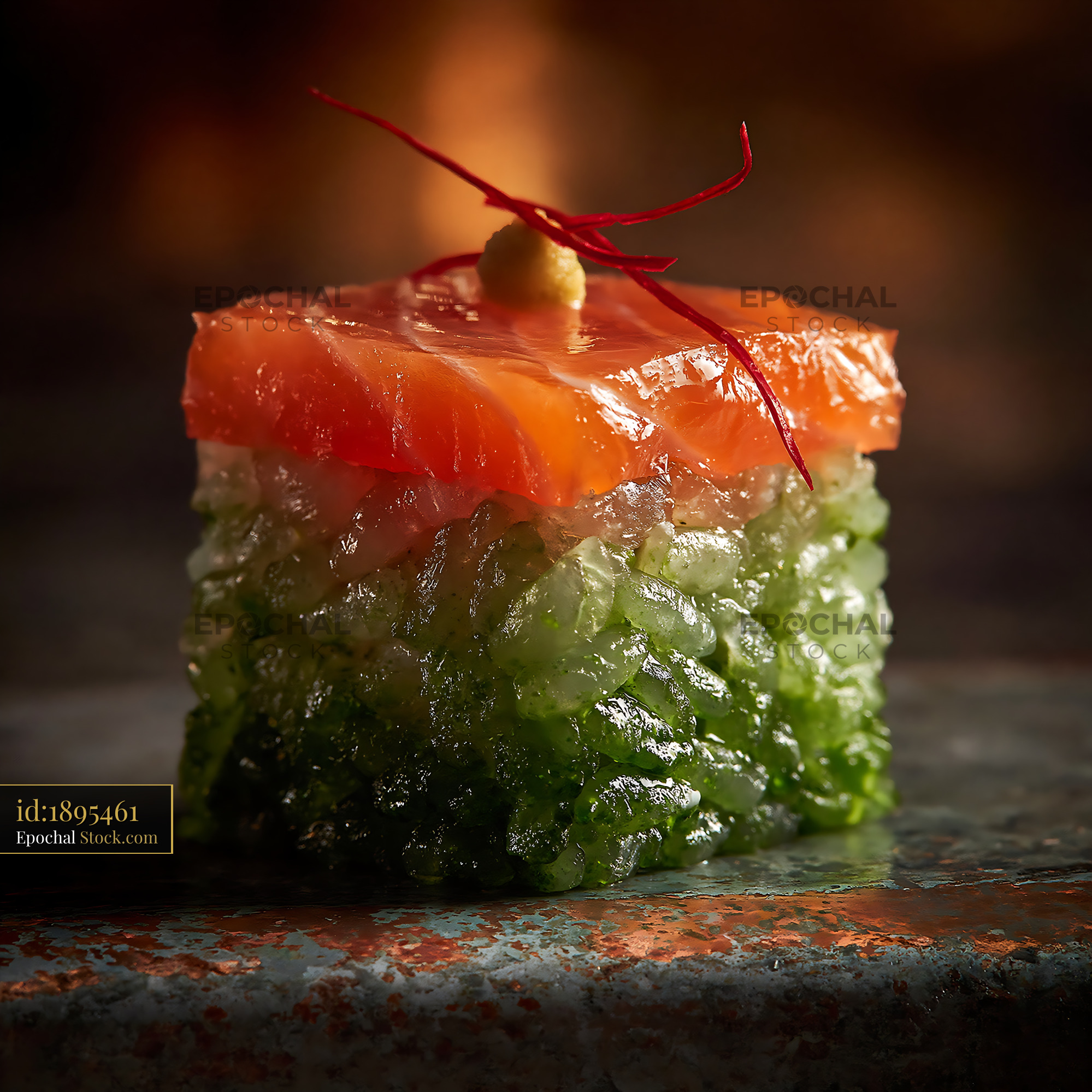 Square salmon sushi with matcha infused rice on a rustic stone surface - stock photo