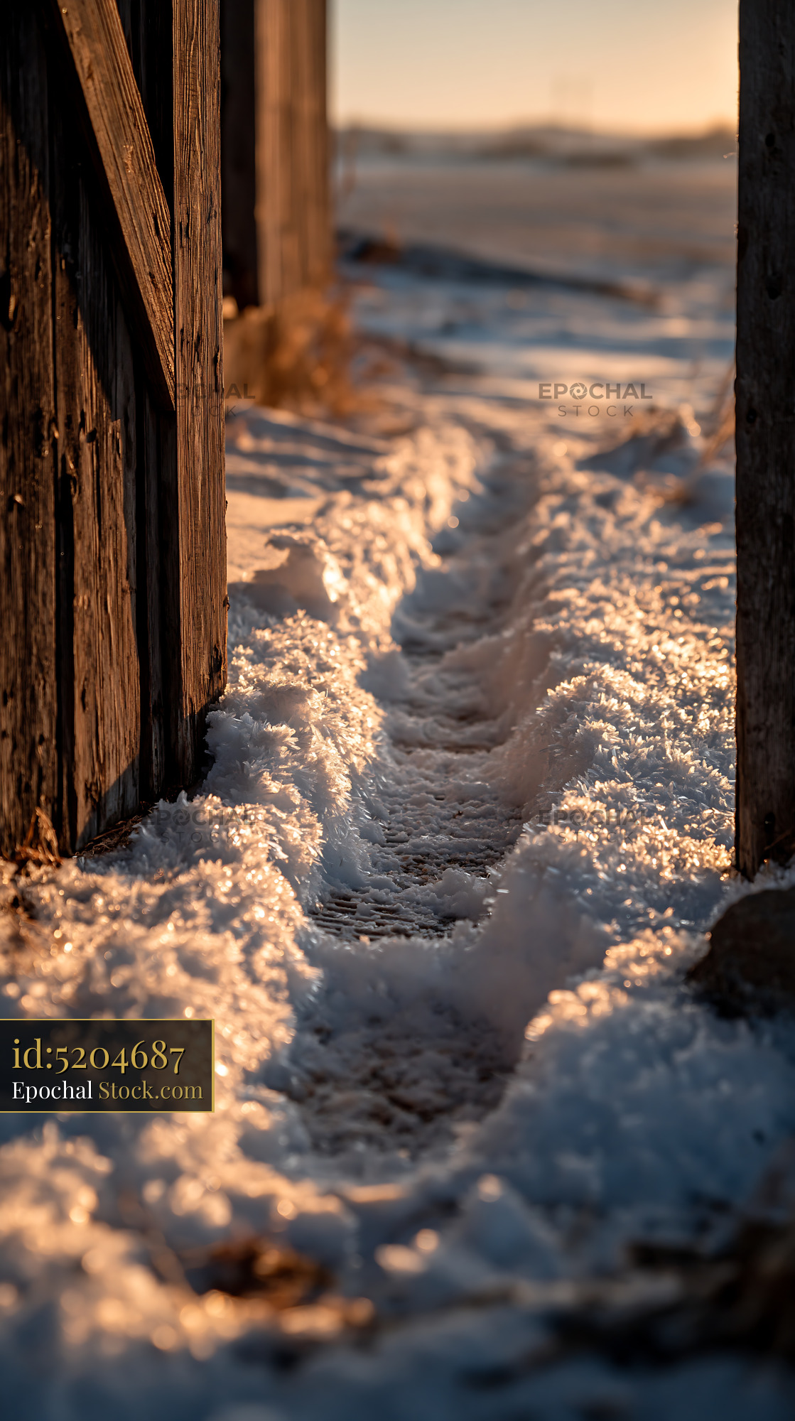 Narrow path of footprints in deep snow between rustic wooden walls - stock photo