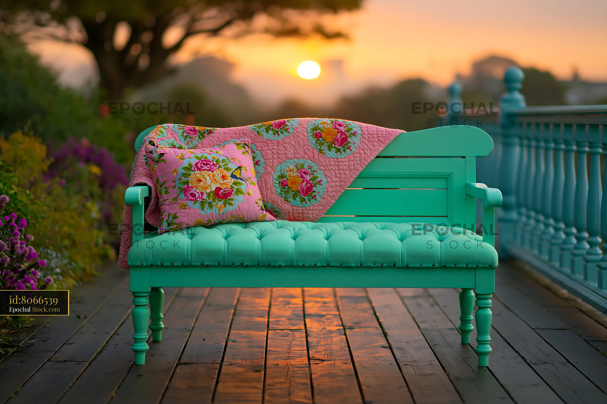 Turquoise balcony bench with floral throw blanket at sunset - stock photo