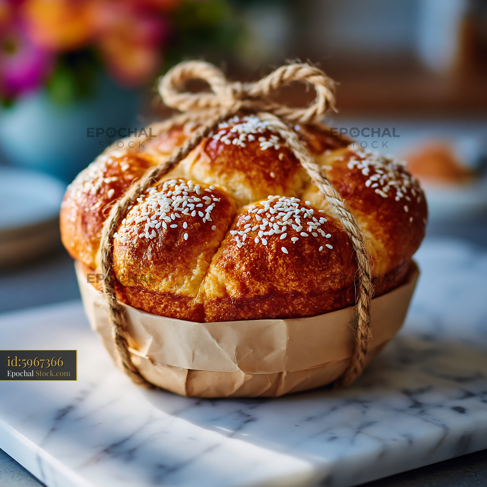 Artisanal dutch crunch german bread with sesame seeds on marble board - stock photo