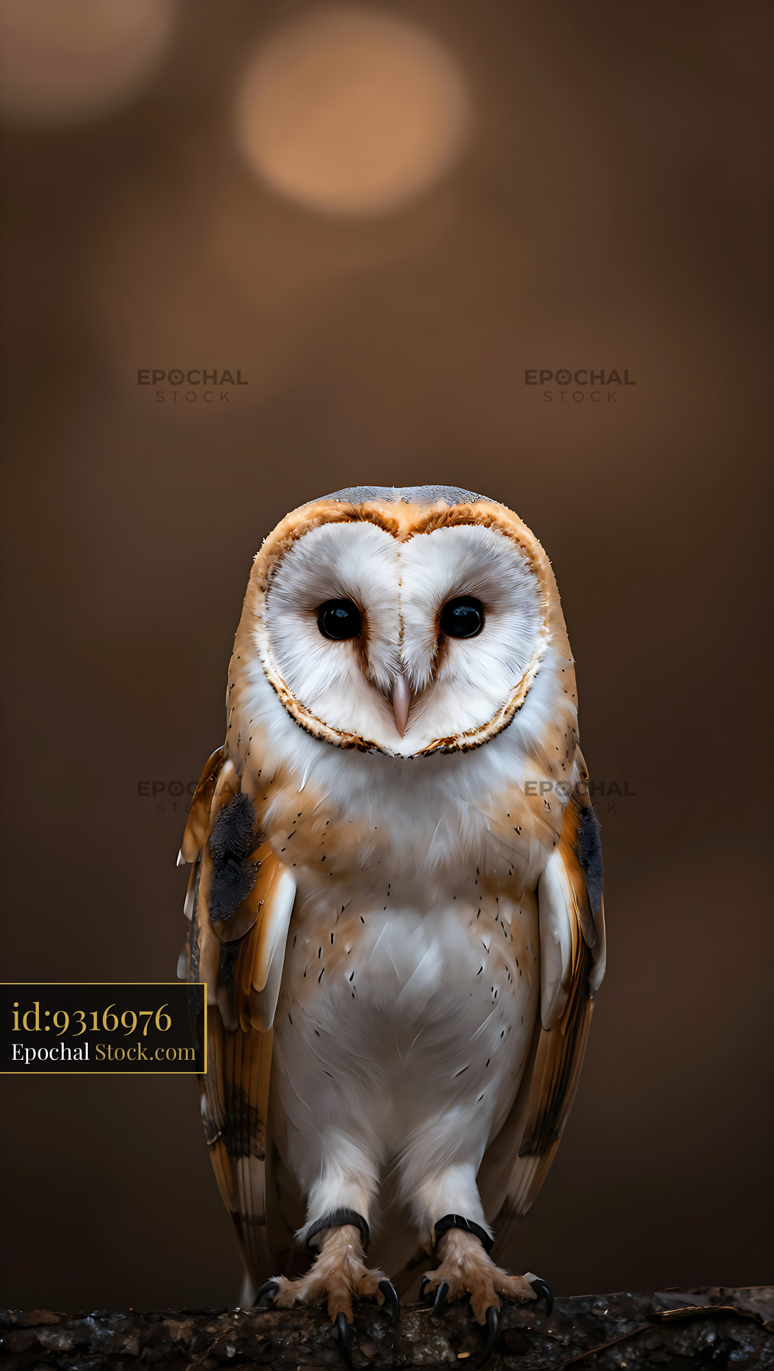 Barn owl with heart-shaped face perched against a warm bokeh backgroun - stock photo
