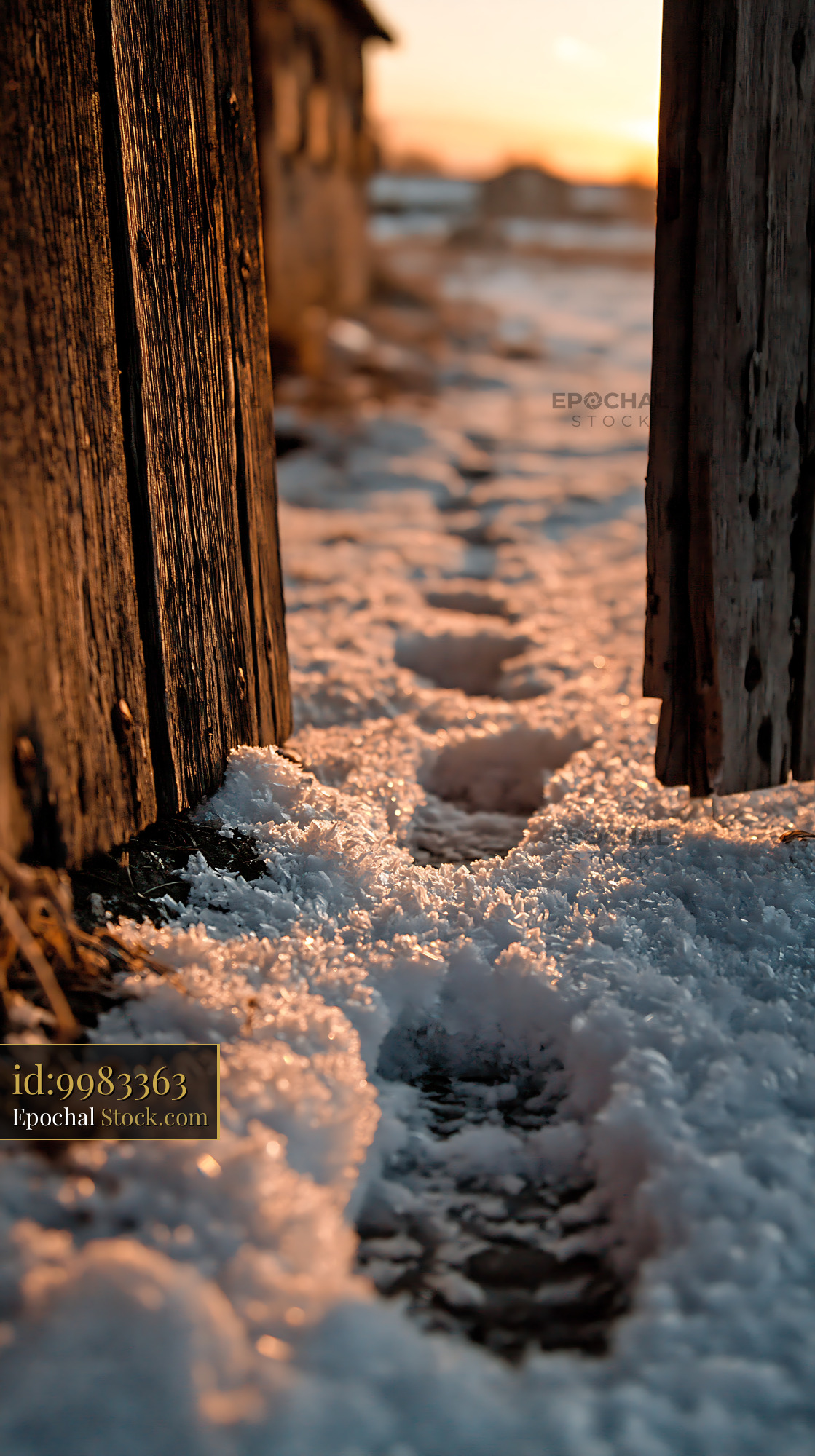 Footprints in deep snow between weathered wooden barn walls at sunset - stock photo