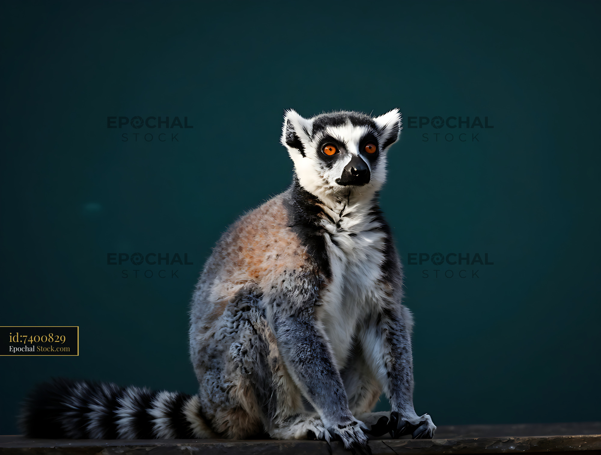 Alert ring-tailed lemur with bright orange eyes on dark background - stock photo