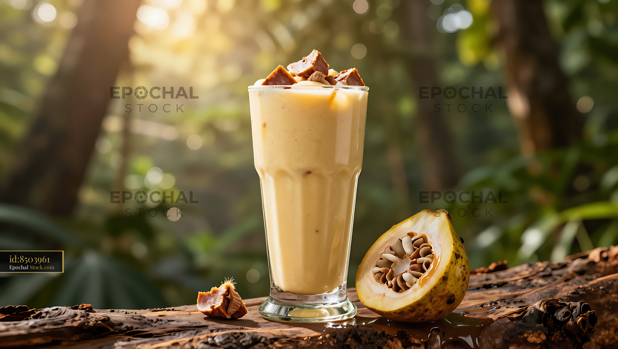 Creamy cupuacu cream smoothie in a tall glass in a tropical forest - stock photo