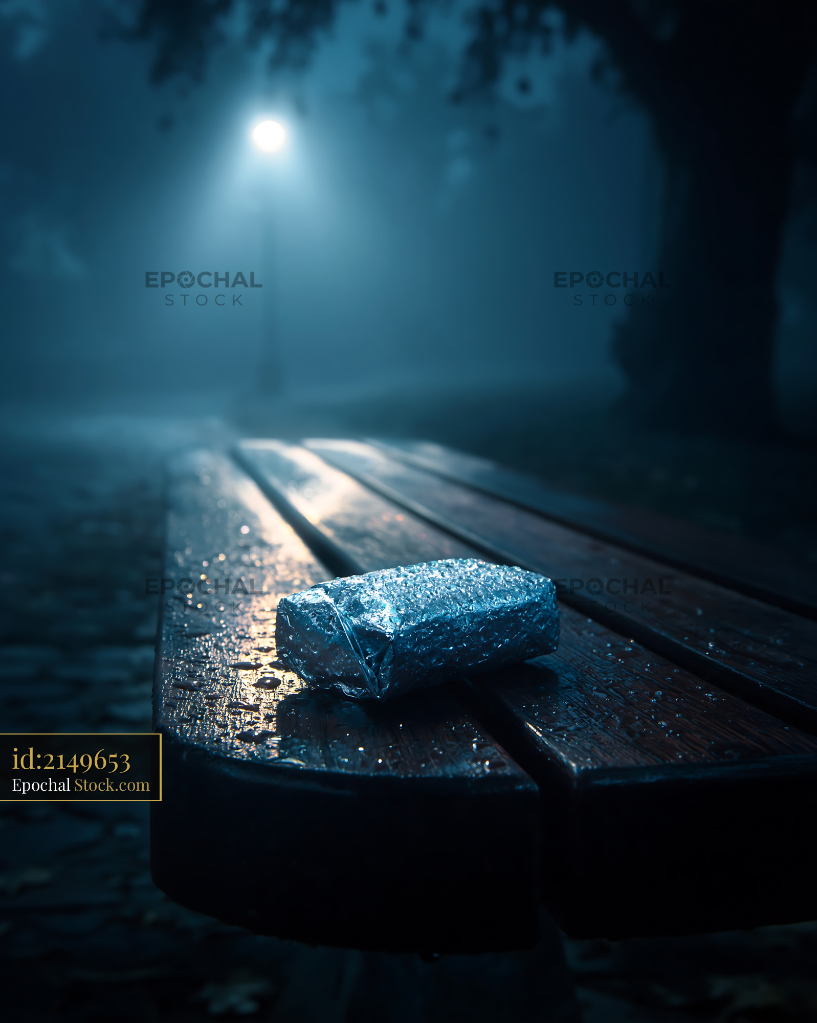 Aluminum foil wrap left on a wet park bench at night in the fog - stock photo