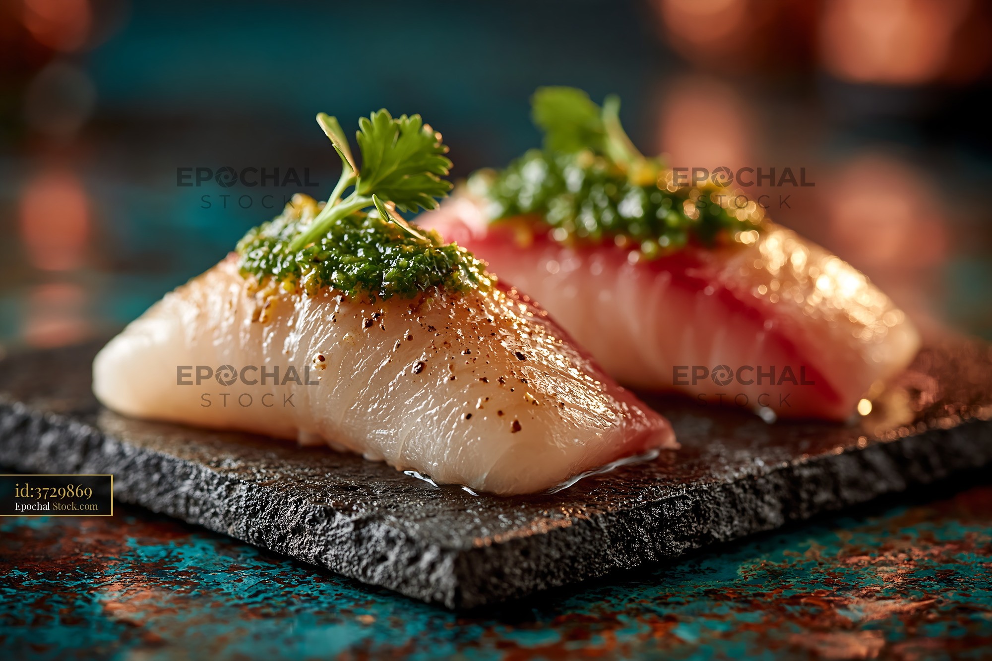 Yuzu kosho yellowtail sushi nigiri on a black stone plate - stock photo
