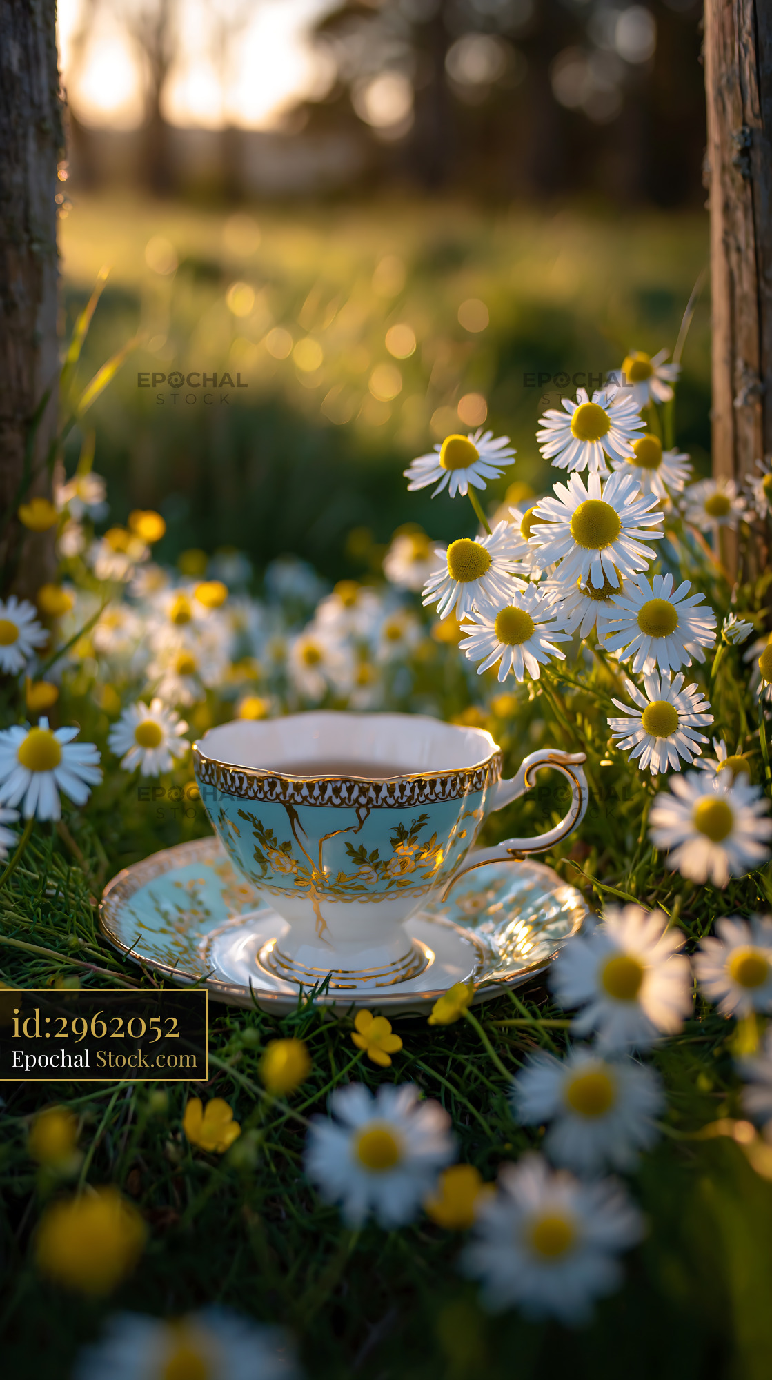 Vintage tea cup in a sunlit flower meadow with daisies at golden hour - stock photo