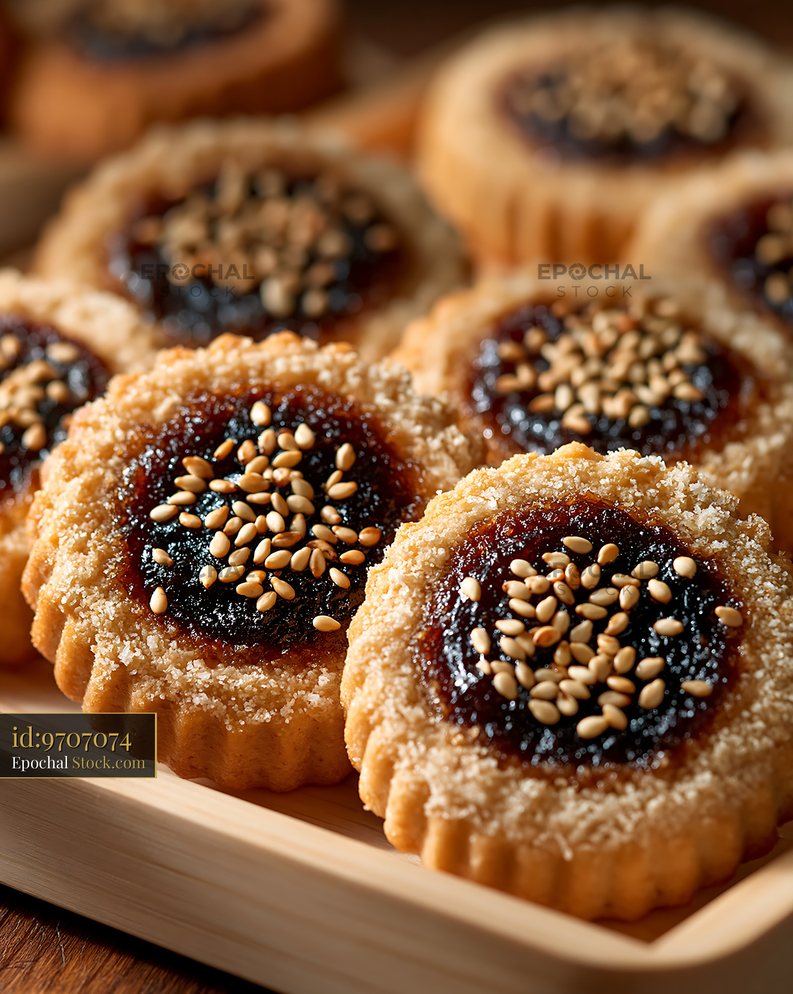 Tahini date biscuits with sesame seeds on a wooden tray - stock photo