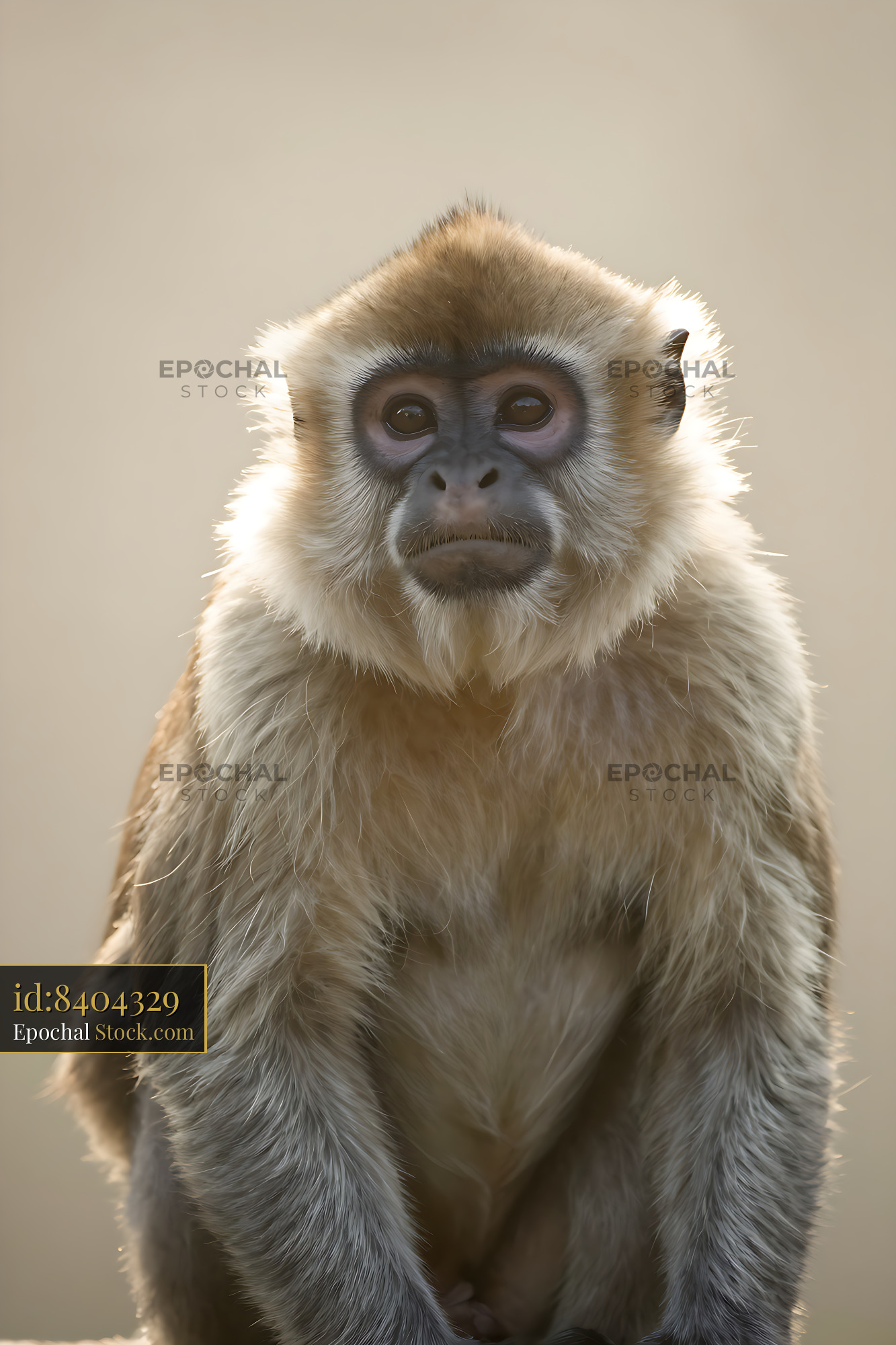 Titi monkey with soft brown fur sitting calmly in golden backlight - stock photo