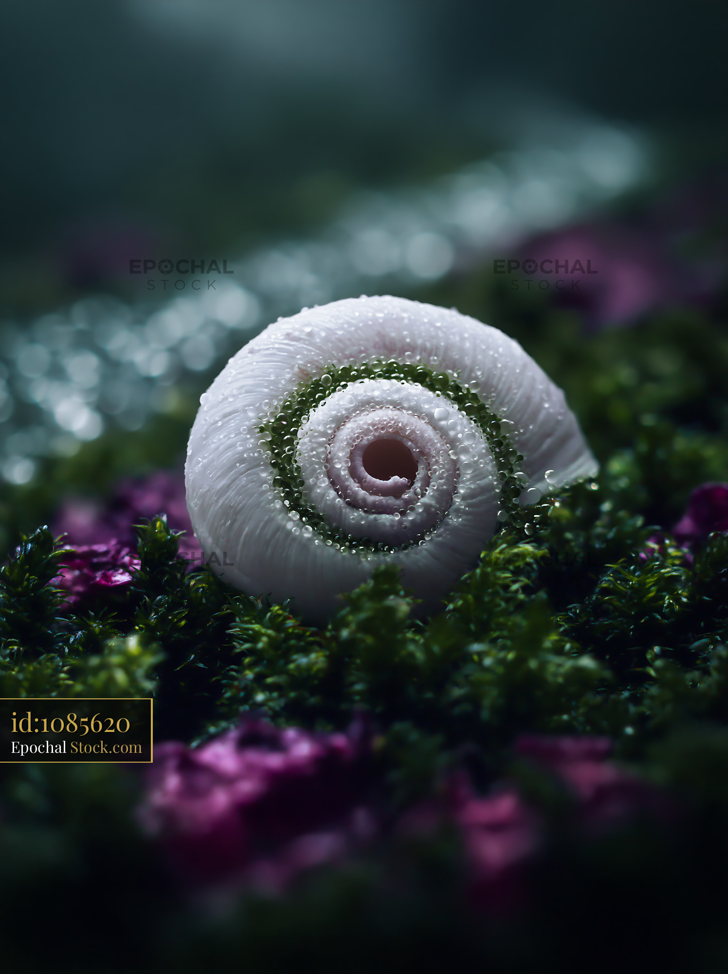 Macro of a white snail shell with dew droplets on wet moss - stock photo