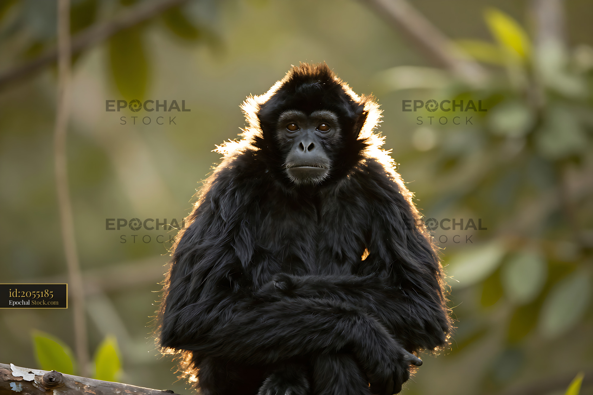 Black spider monkey sitting on a branch with golden backlight in a lus - stock photo