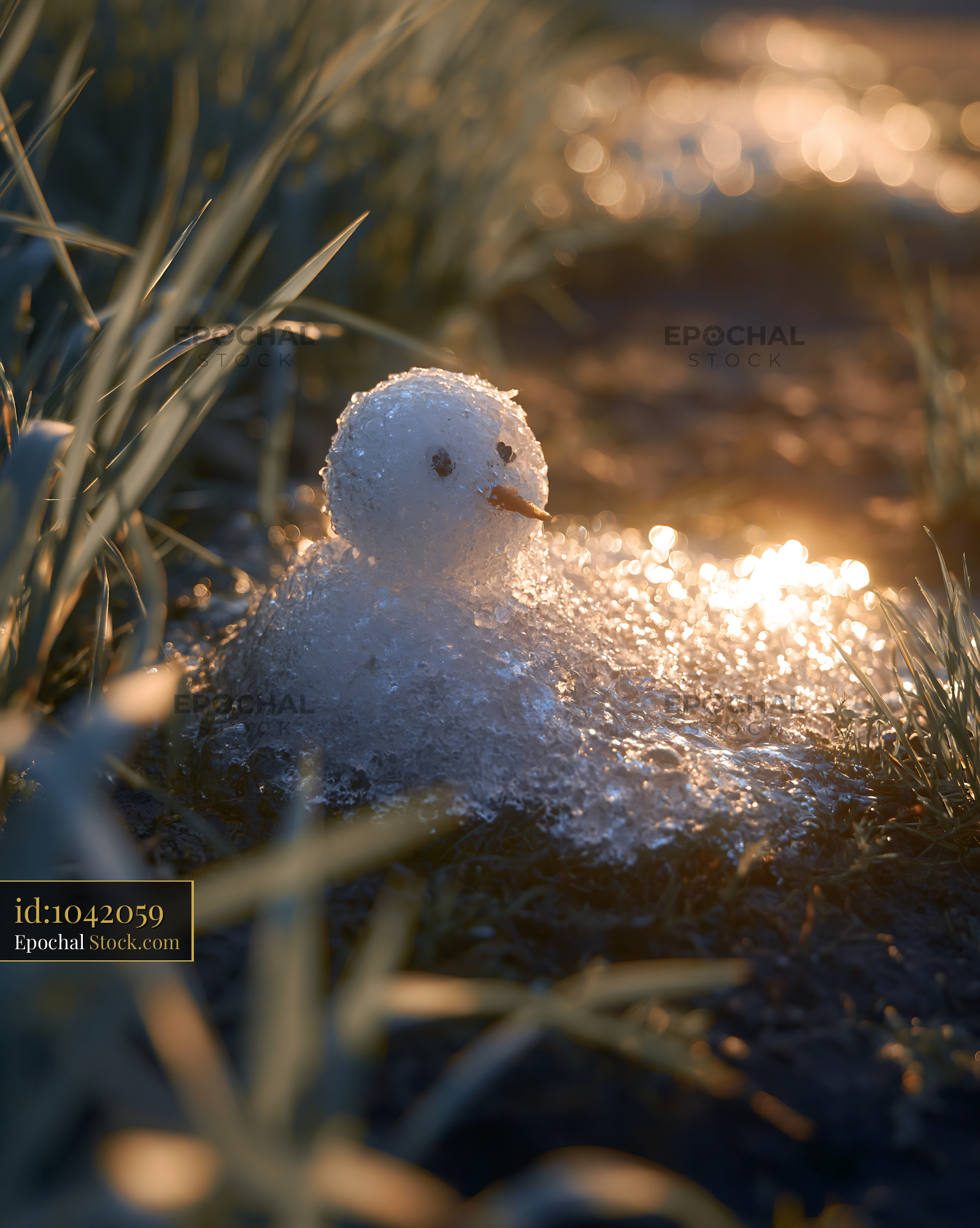 Tiny melting snowman in the grass during golden hour spring sunset - stock photo