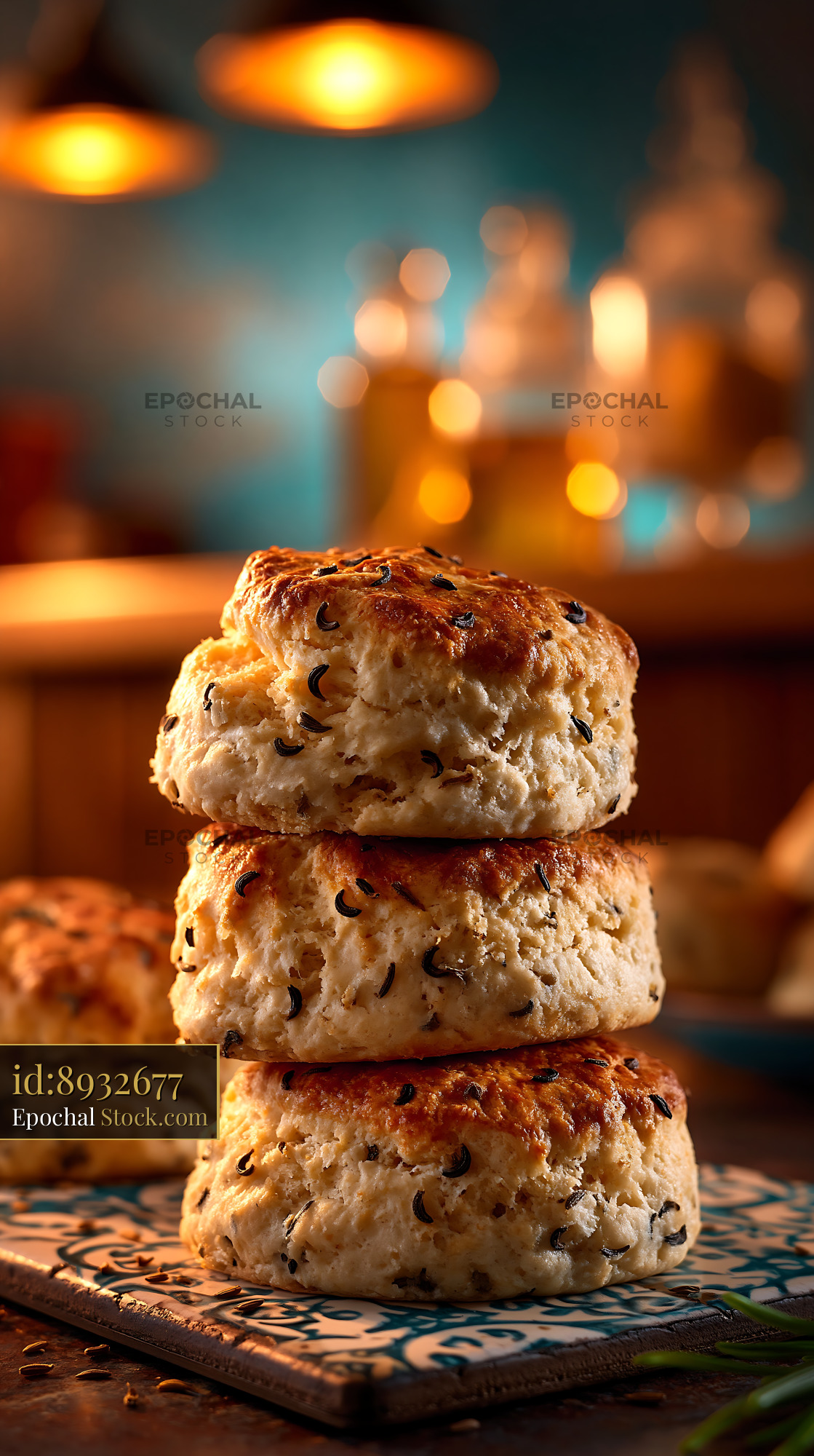 Stack of homemade caraway seed biscuits with golden crust - stock photo