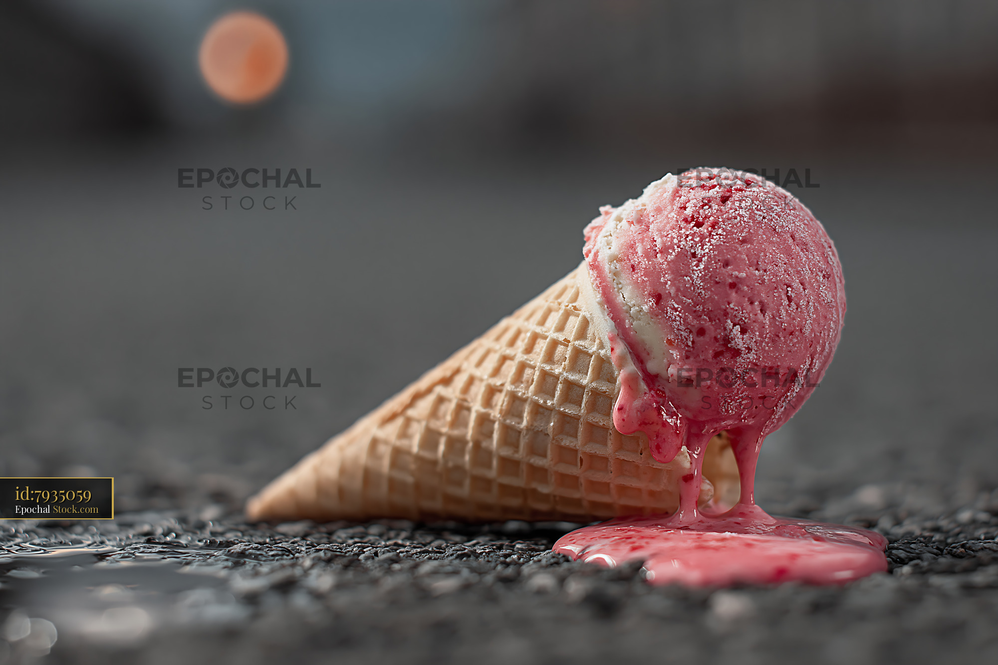 Abandoned ice cream cone with pink scoop melting on dark asphalt - stock photo
