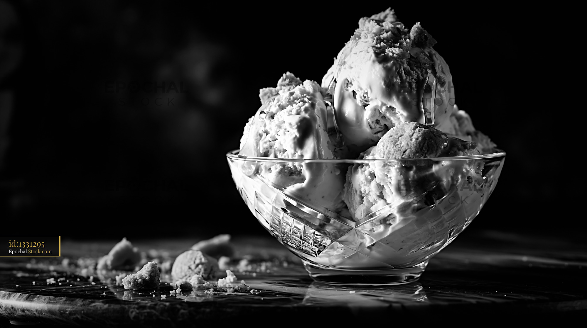 Amaretto liqueur ice cream with crushed biscuits in a glass bowl - stock photo