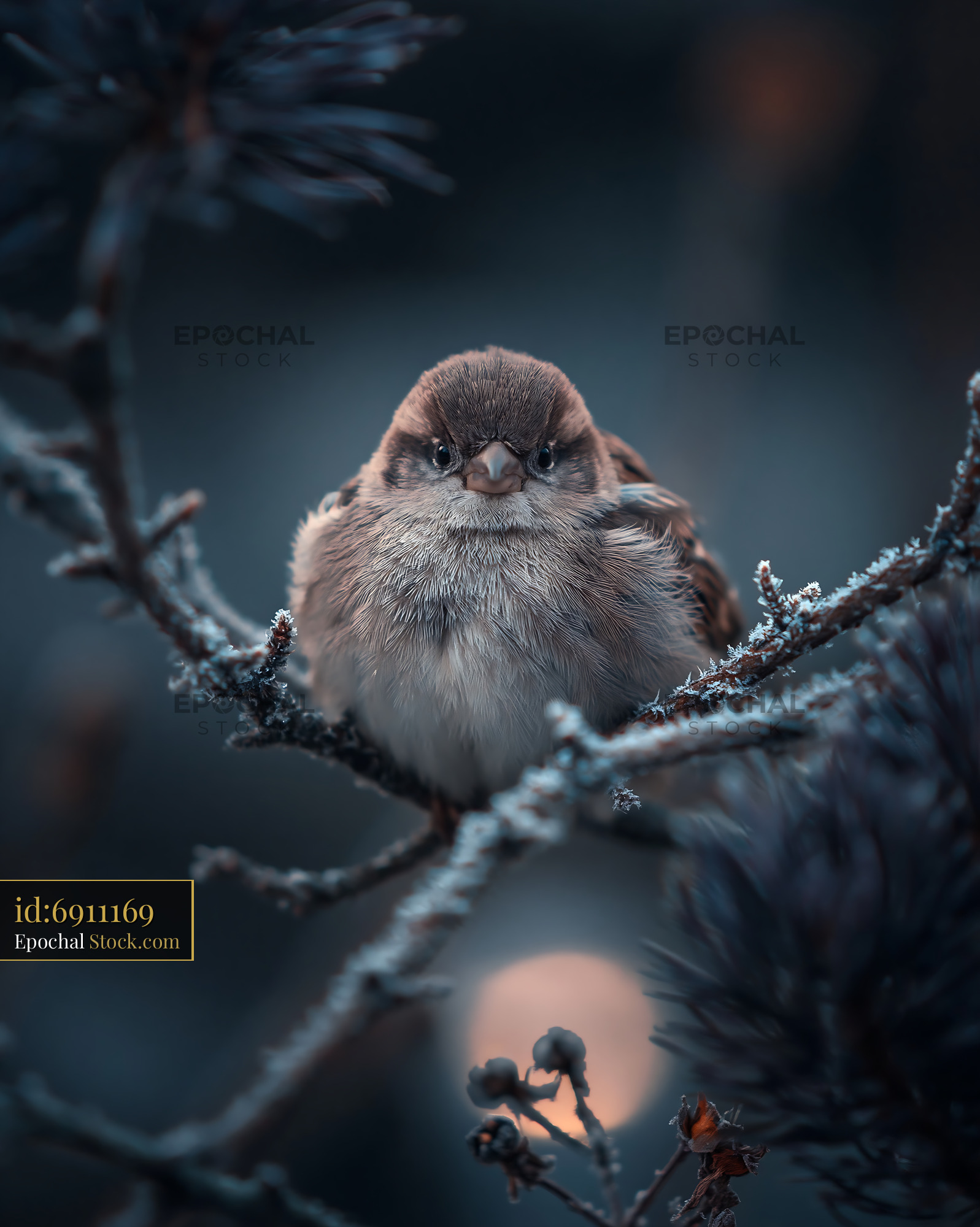 Small house sparrow huddled on a frost covered bare branch in winter - stock photo