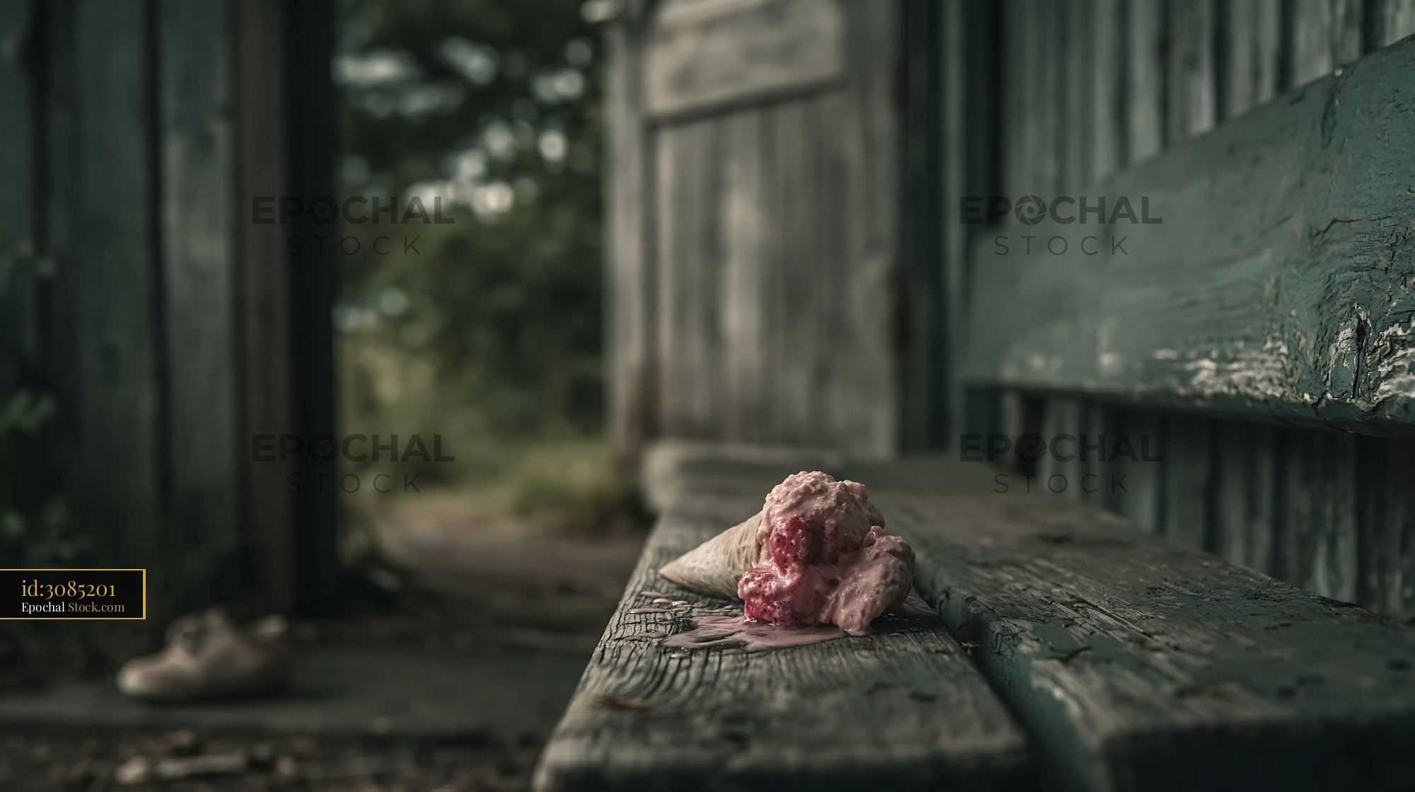 Melting strawberry ice cream cone abandoned on a weathered wooden benc - stock photo