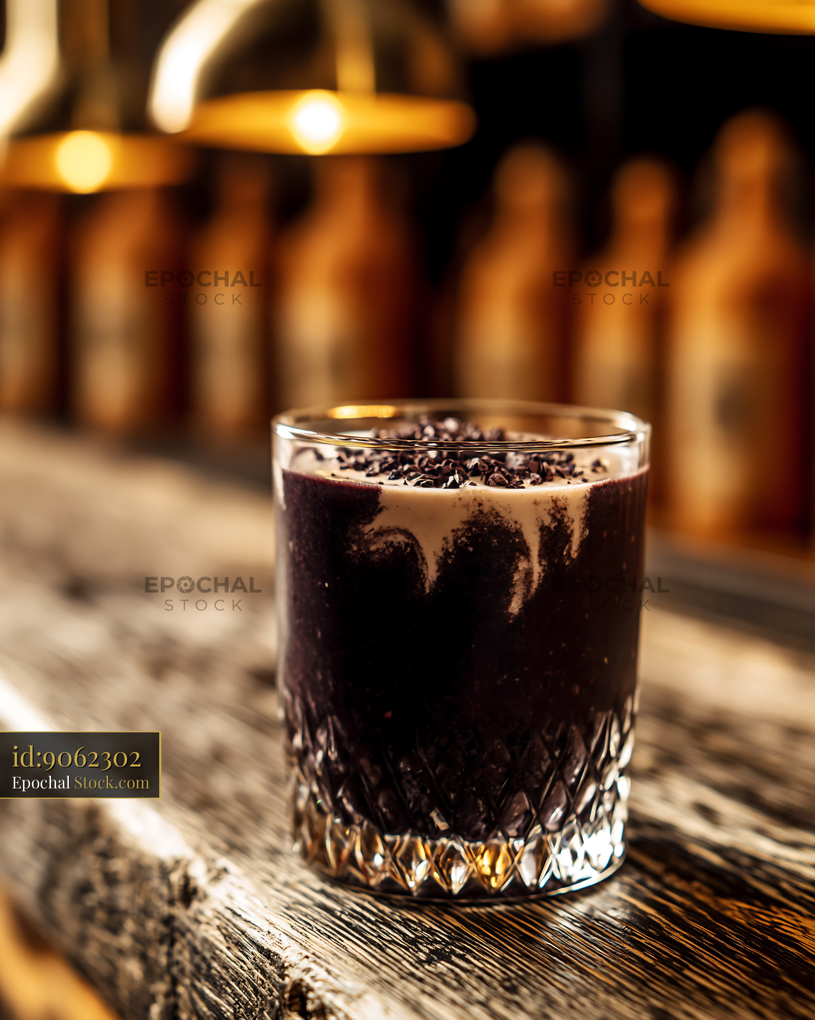 Gourmet black bean smoothie with cocoa nibs on a rustic wooden bar - stock photo