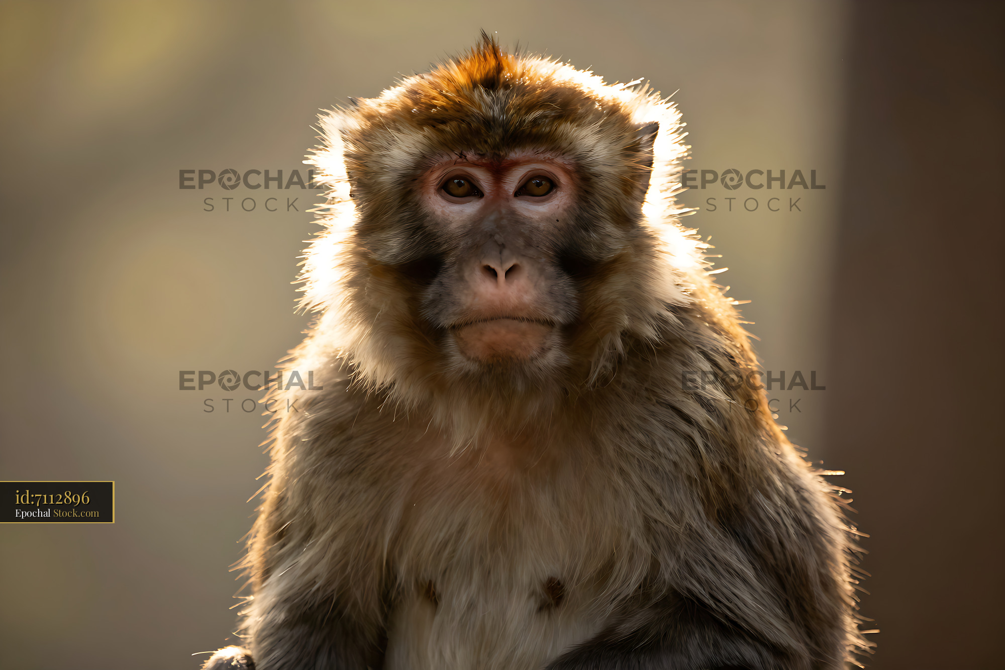 Bonnet macaque portrait with golden backlight during sunset - stock photo