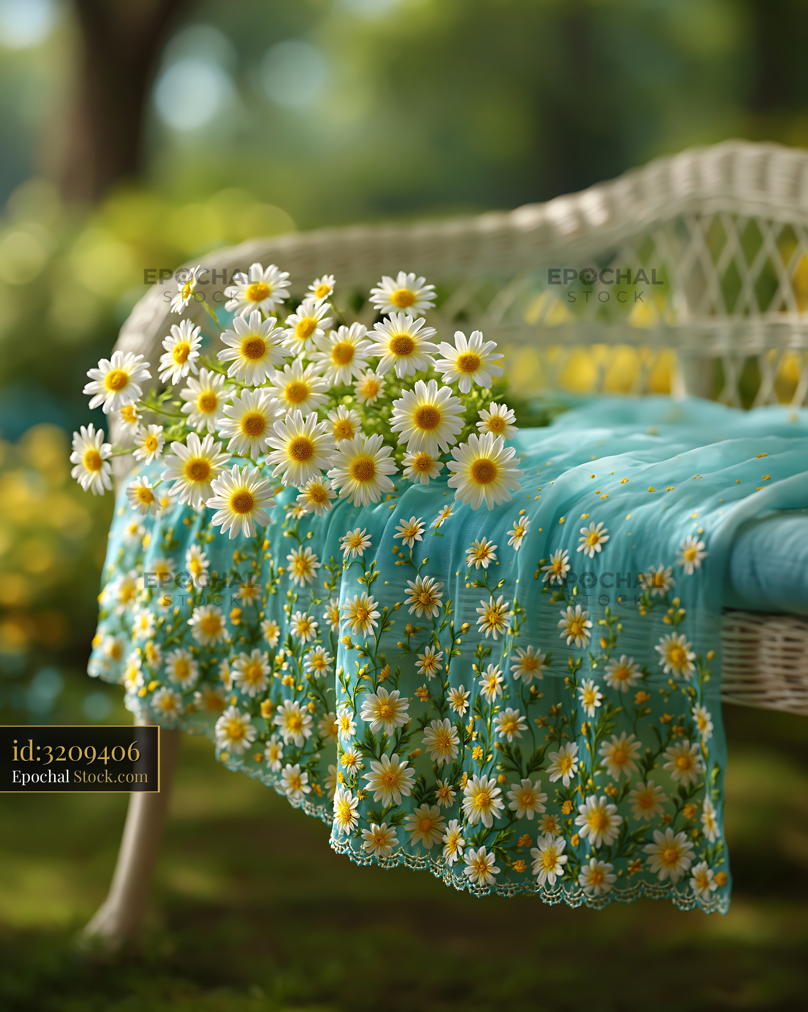 White wicker bench with fresh daisies and blue embroidered blanket - stock photo