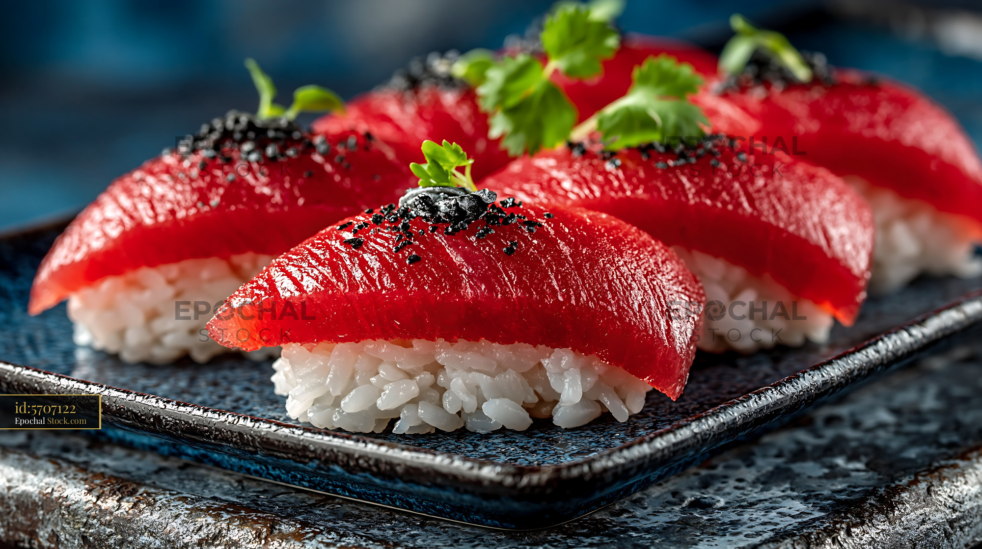 Plant-based watermelon tuna sushi nigiri with black sesame seeds - stock photo