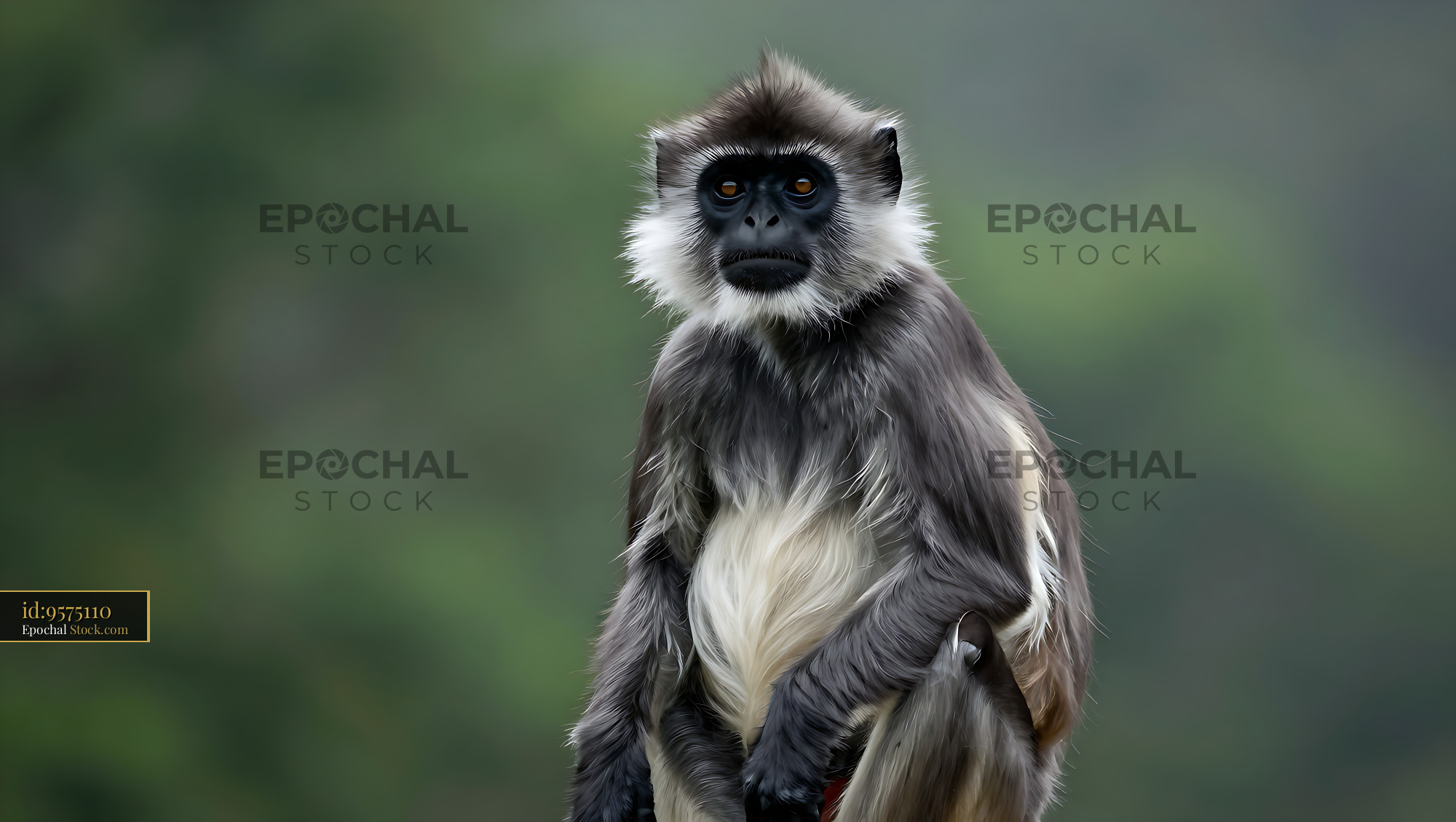 Dusky leaf monkey looking at camera with blurred green background - stock photo