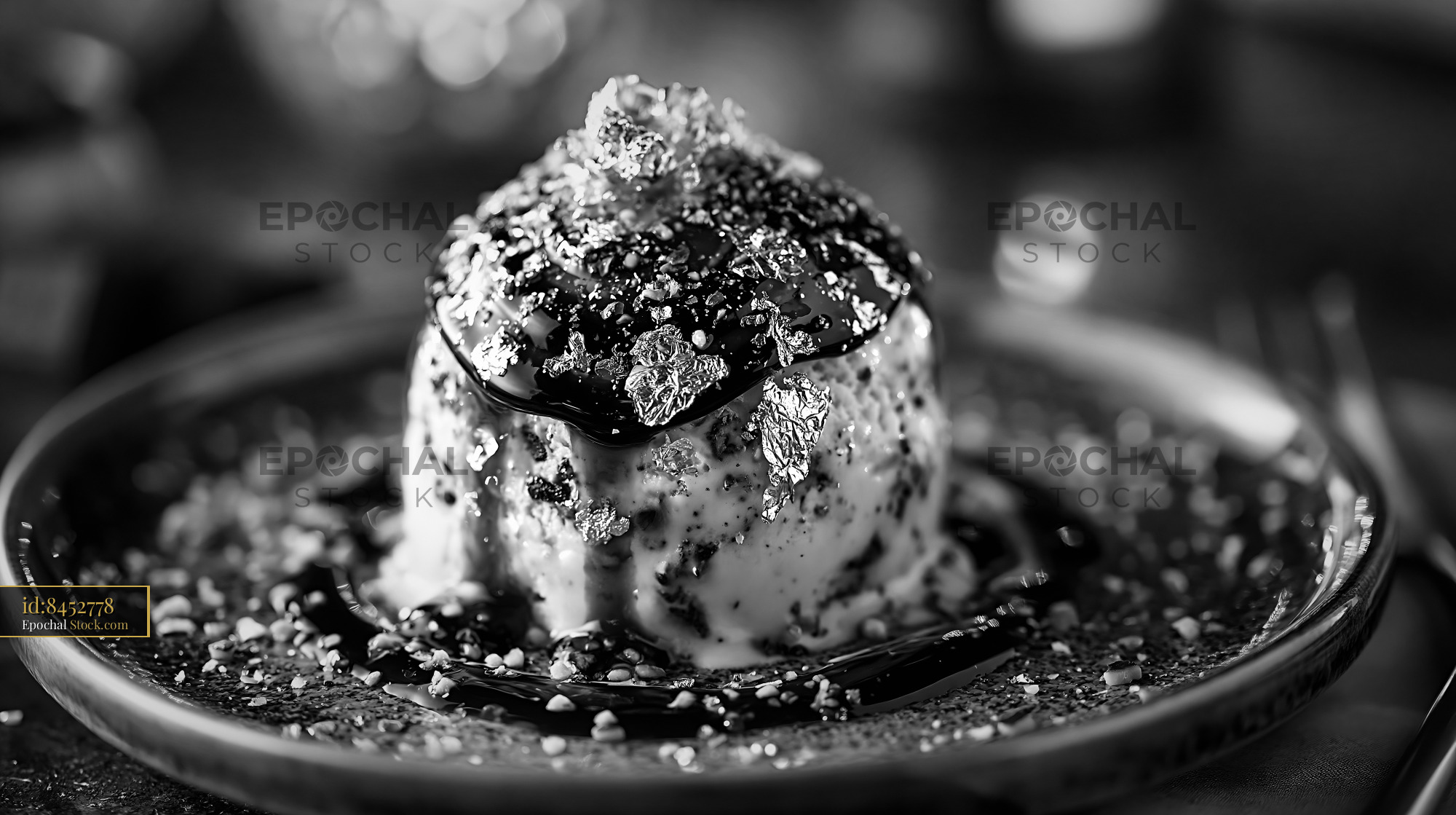 Gourmet amaretto ice cream dessert with edible silver leaf flakes - stock photo