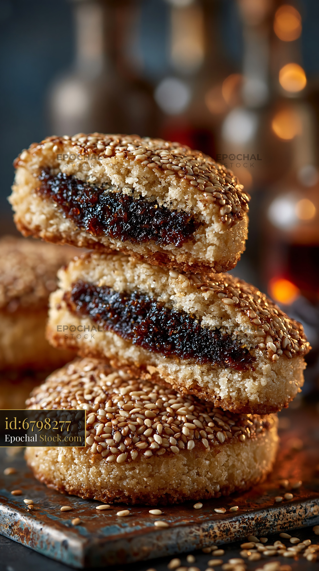 Stacked tahini date biscuits with sesame seeds on a rustic surface - stock photo