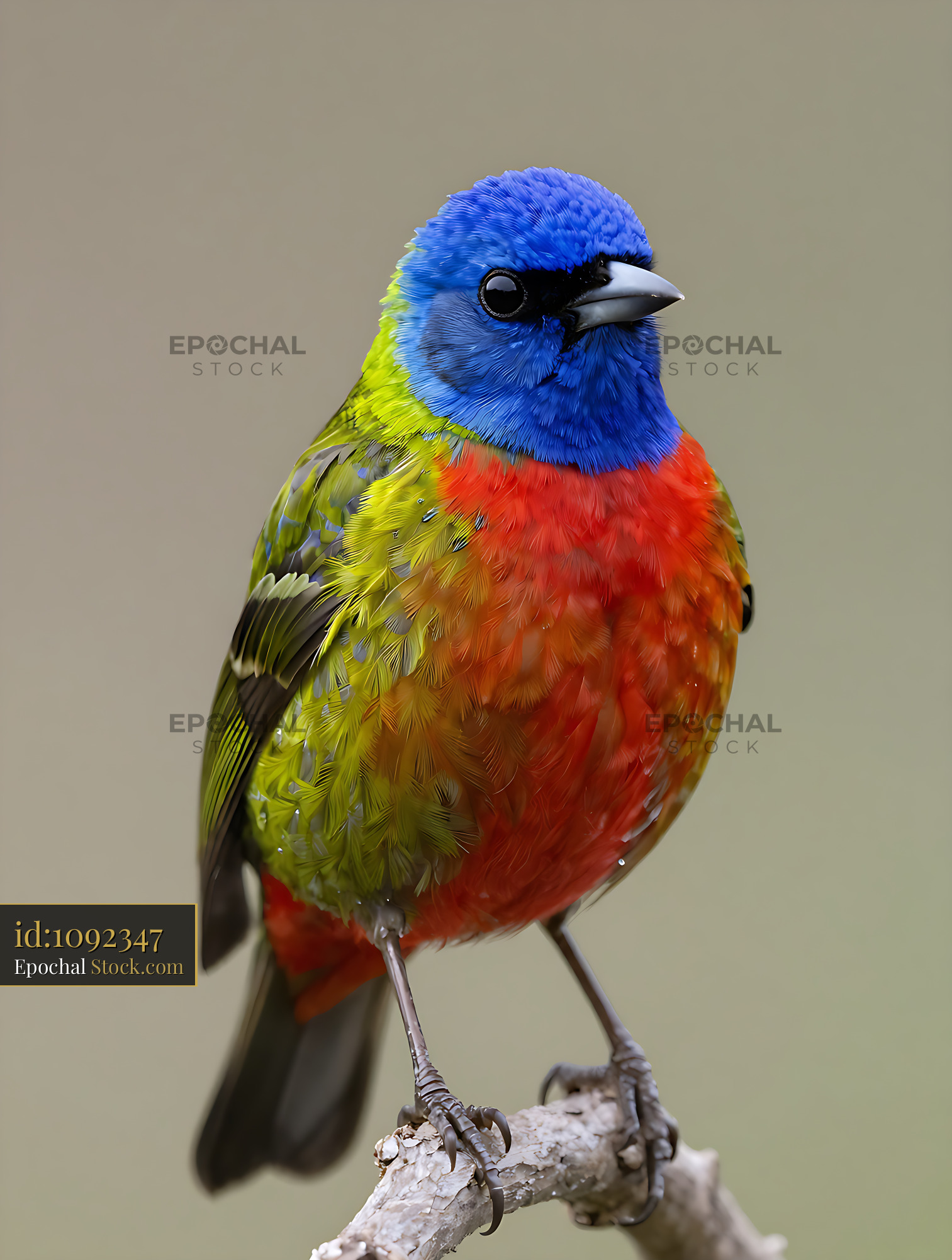 Male painted bunting perched on a branch against a soft background - stock photo