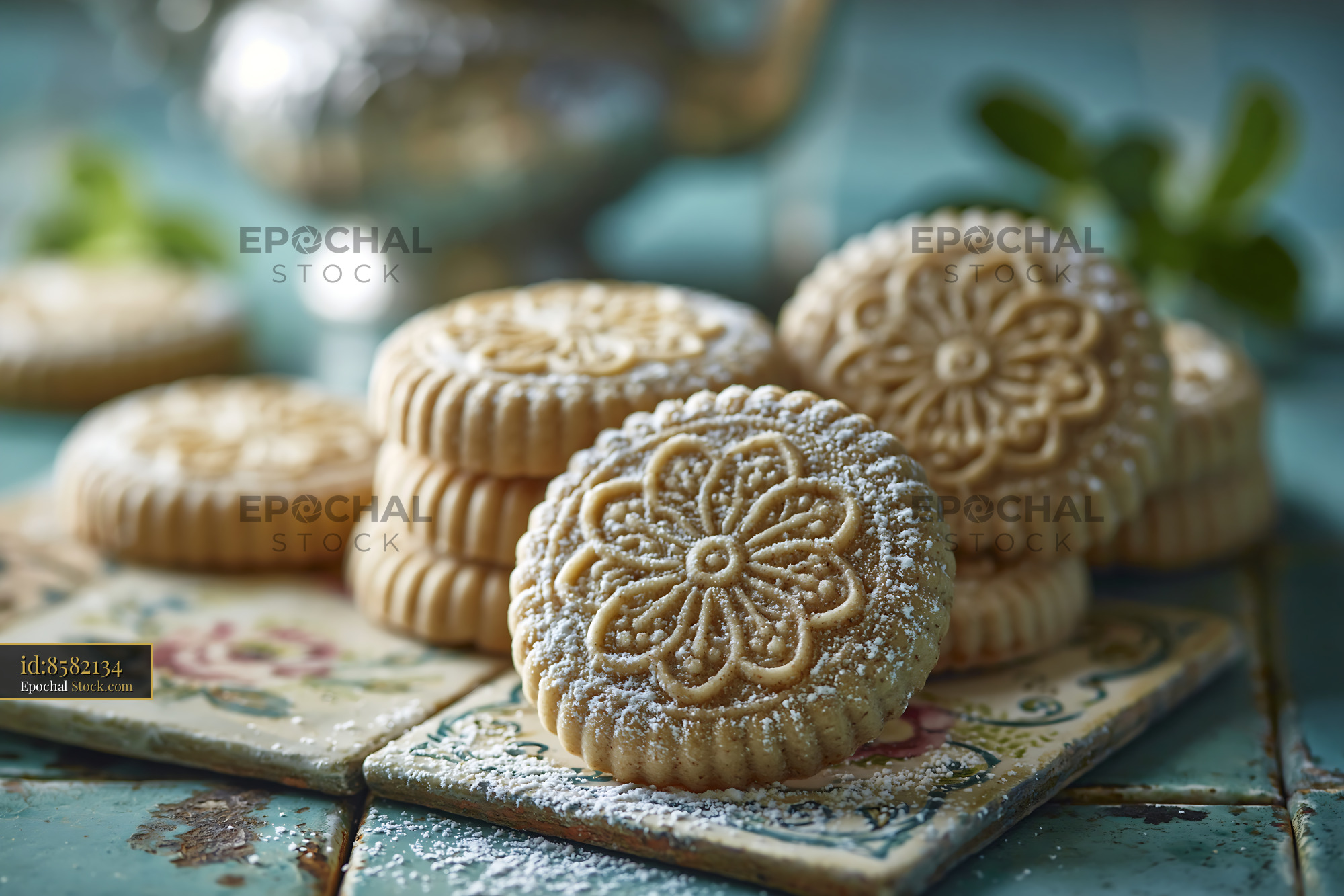 Homemade mahlab spice biscuits with flower pattern on vintage tiles - stock photo