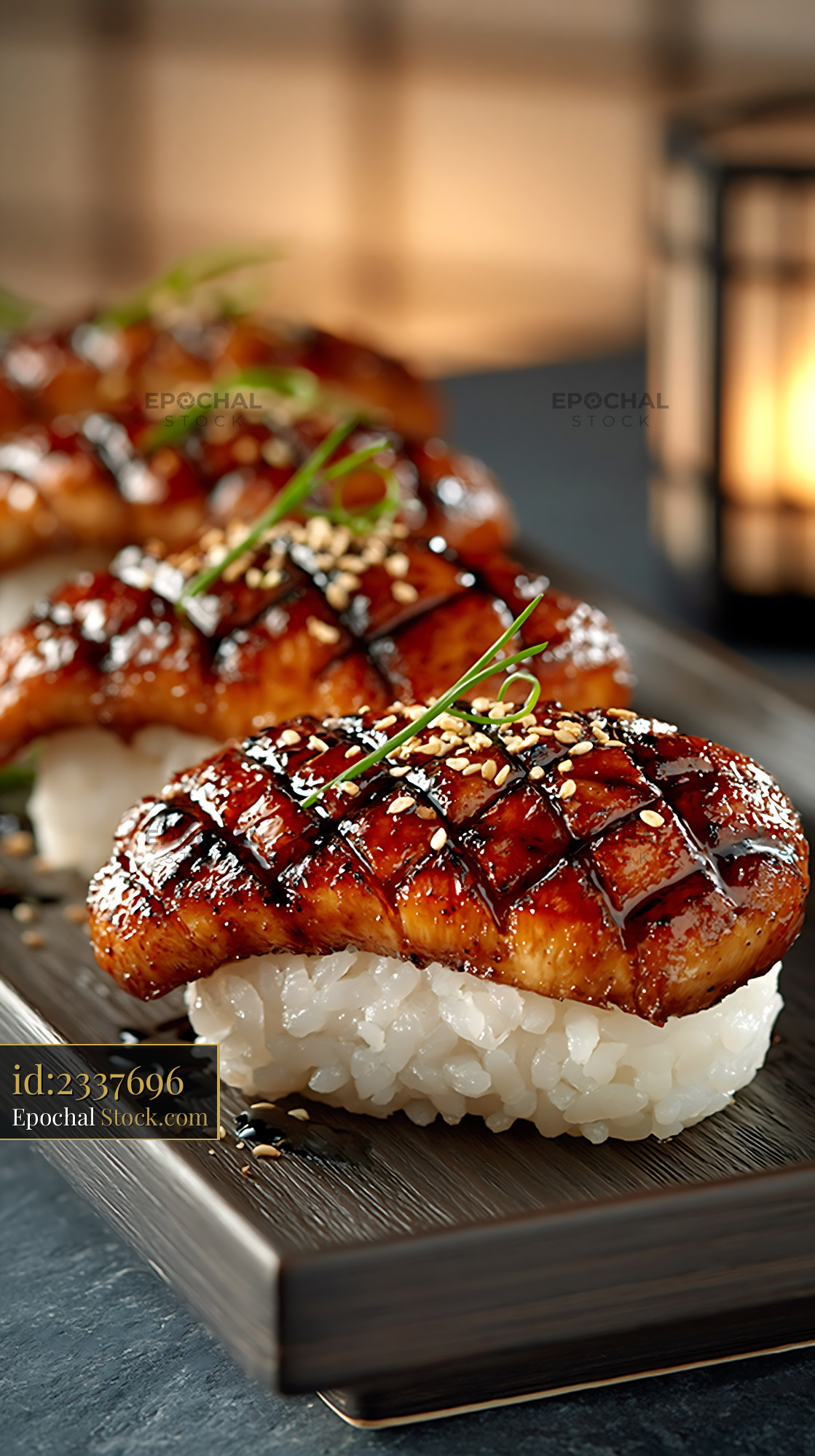 King oyster mushroom sushi nigiri with sesame and chives - stock photo